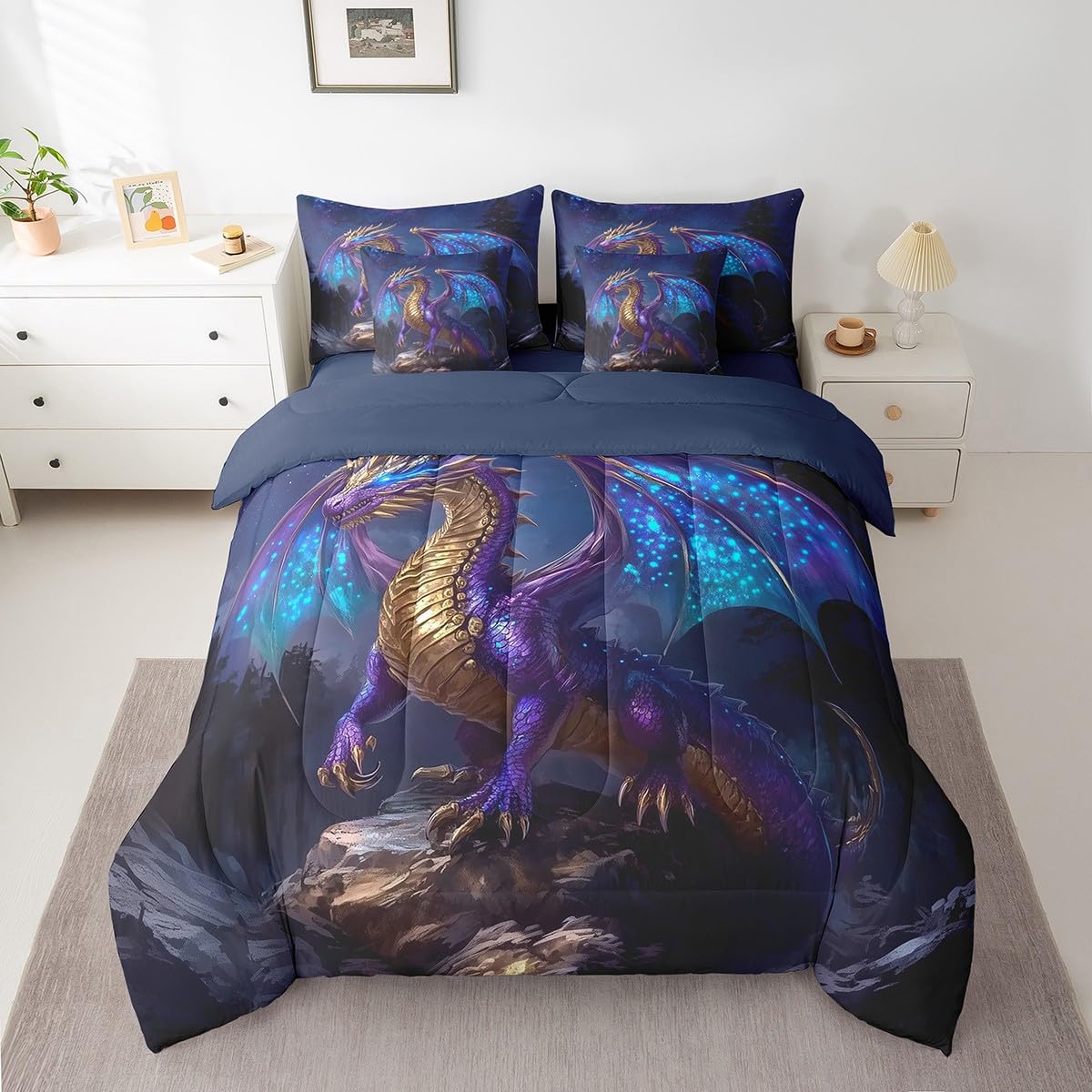 Erosebridal Western Dragon Bedding Set for Boys,Galaxy Starry Sky Twin Comforter Set 7 Piece for Kids Teen Men Magical Dragon Bed in A Bag with Sheets Fantasy Animal Sheet Set with Comforter