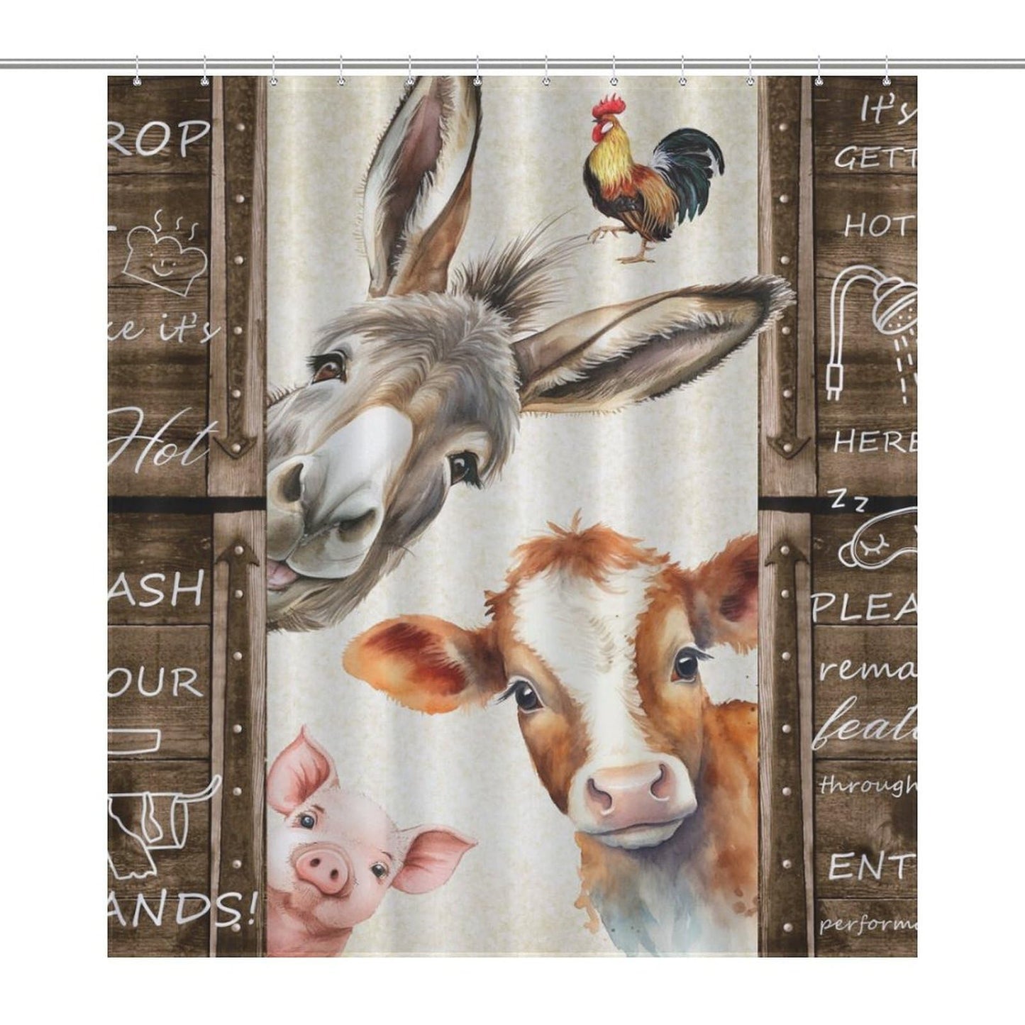 Drapeloft Farmhouse Shower Curtain, Rustic Farm Animals Cow Chicken Pig Donkey Animal Rustic Farmhouse Brown Rural Country Style Waterproof Fabric Bathroom Shower Curtain Set with Hooks, 72"x72" Inch