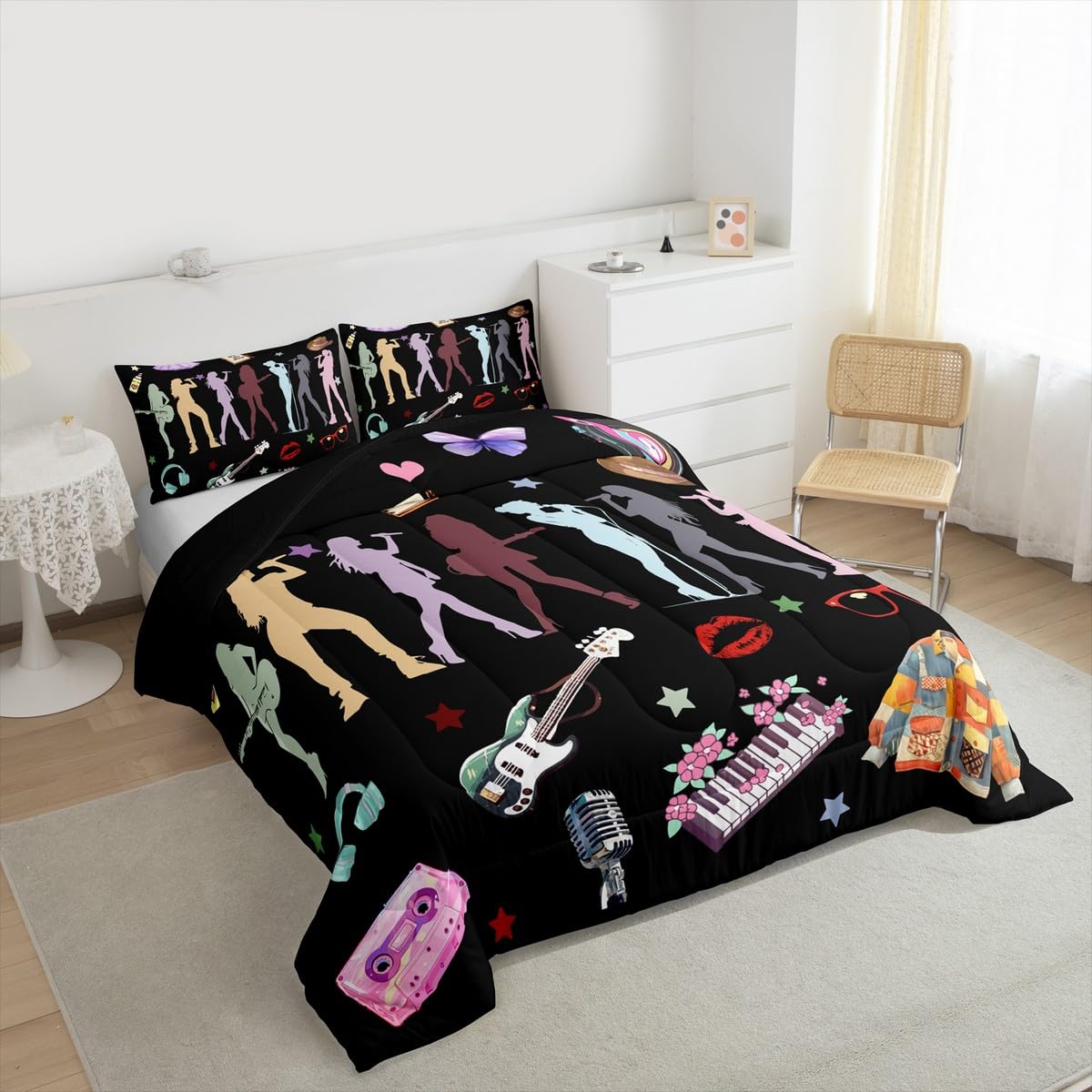 Erosebridal Music Theme Bedding Set Full Girls Singer Comforter Set for Kids Boys Girls Black Musicl Aesthetics Bedding Comforter Sets Music Lovers Gifts Quilt Duvet