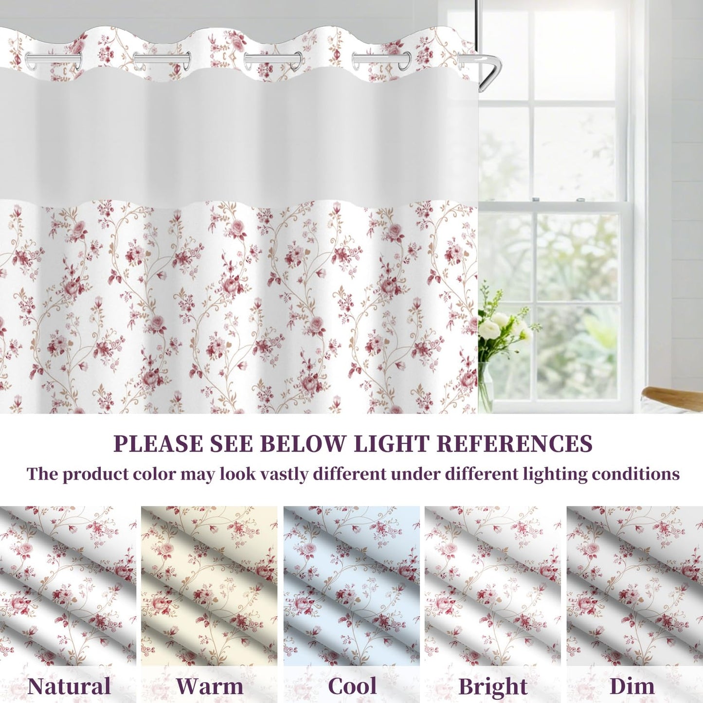 NAEMBCU Boho Floral No Hook Shower Curtain with Snap in Liner Set 71x74 in