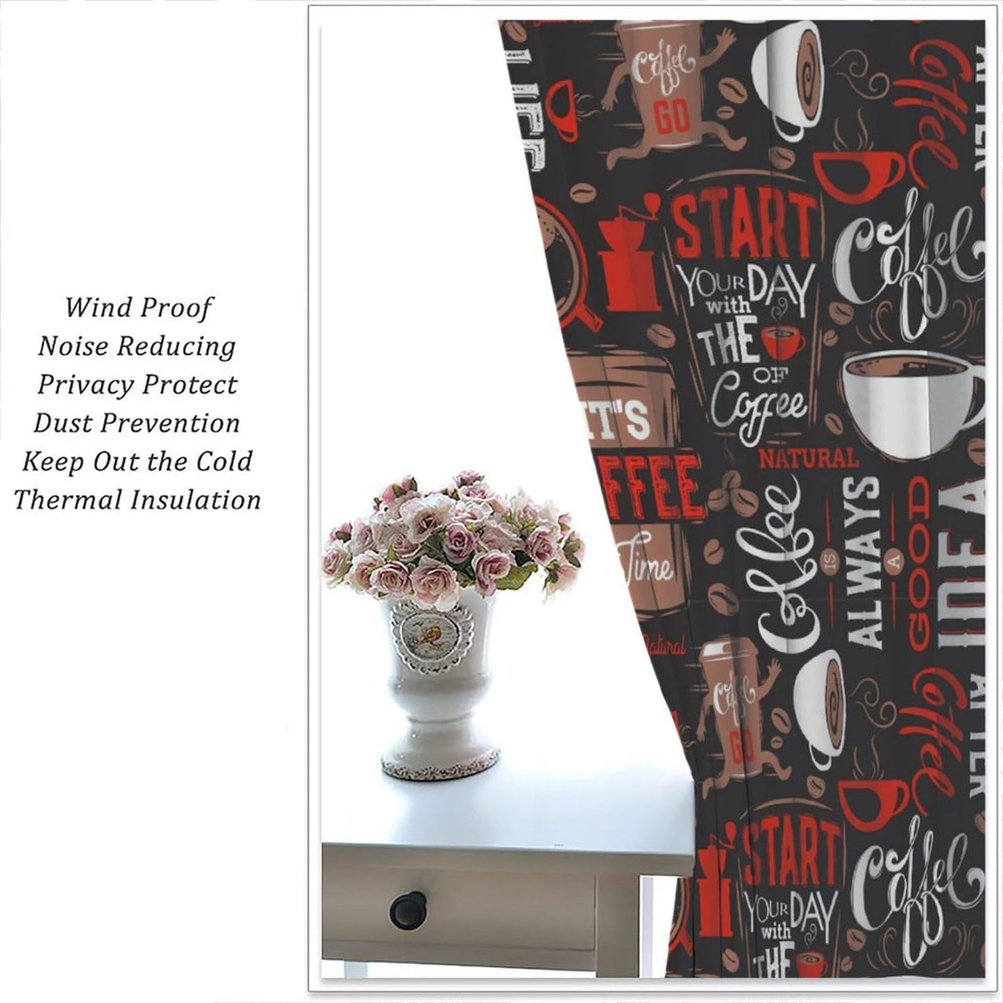 HZOHNAGO Coffee Kitchen Curtains Coffee Red Hot Mocha Latte Milk Pattern Blackout Print Rod Pocket Window Drapes for Bedroom Living Room Kitchen 42x45in