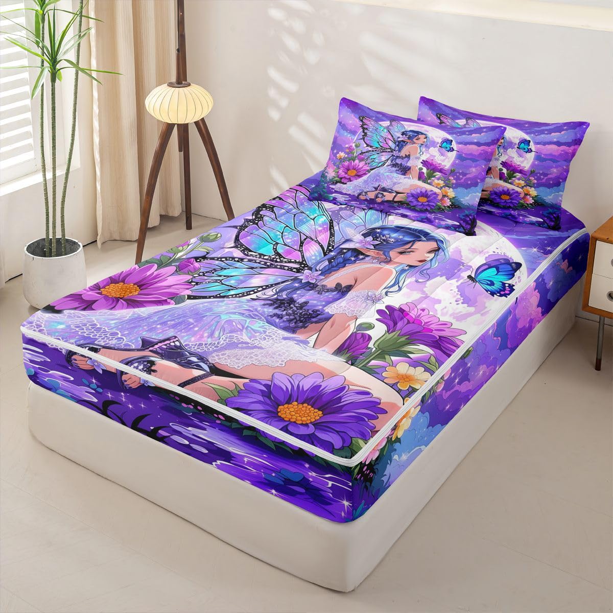Erosebridal Floral Girly Zip Up Bedding Comforter Sets Twin Size, Butterfly Anime Girl Comforter in One Zipper - Romance Flowers Bedding Set with Pillowcases