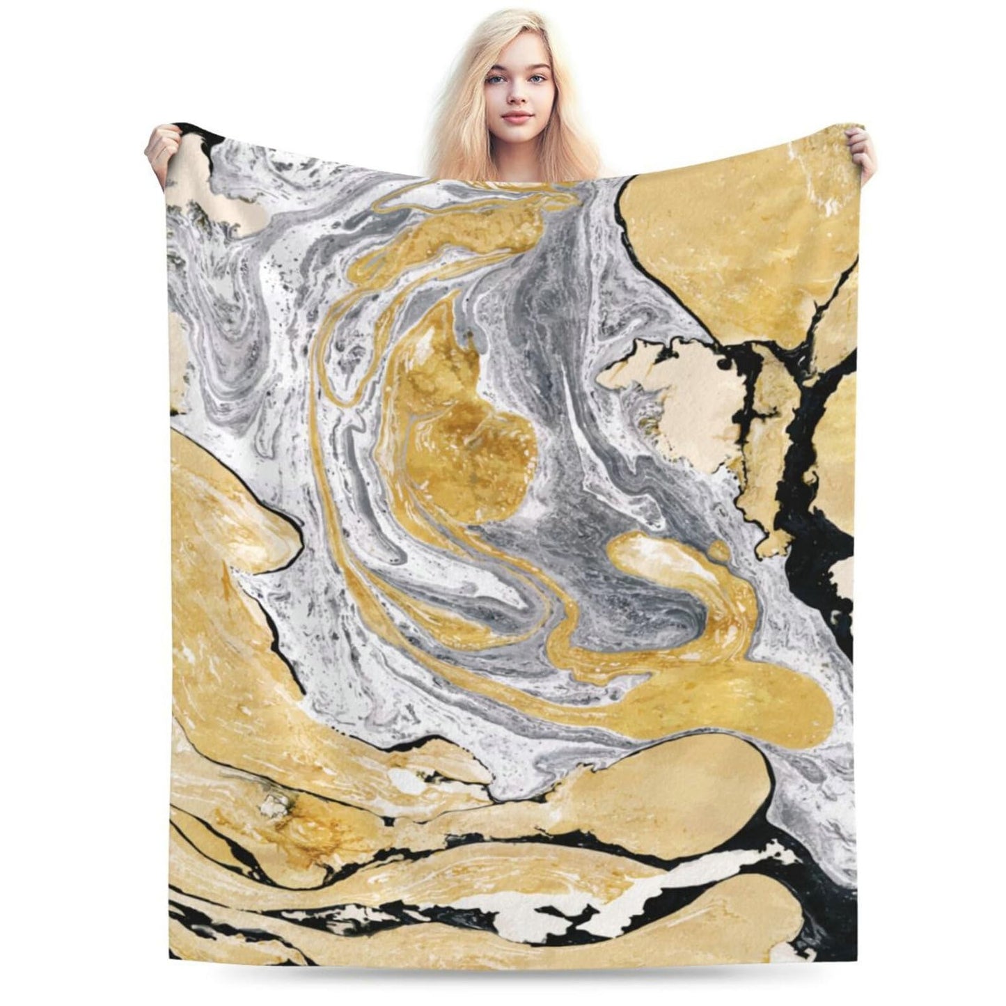 HGOD DESIGNS Gold Golden and Silver Marble Ink Abstract Painting Flannel Fleece Bed Blanket Throw Blanket Lightweight Cozy Plush Blanket for Bedroom Living Rooms Sofa Couch 40"x50"