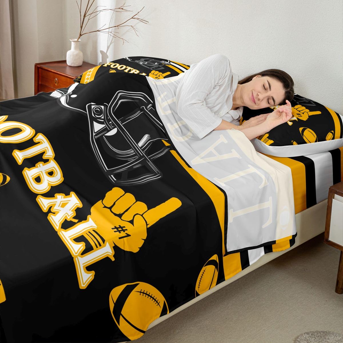 Feelyou Football Bed Sheets Set Boys Girls Full Size Rugby Sports Bedding Set Football City Fitted Sheet with 16 Inch Deep Pockets