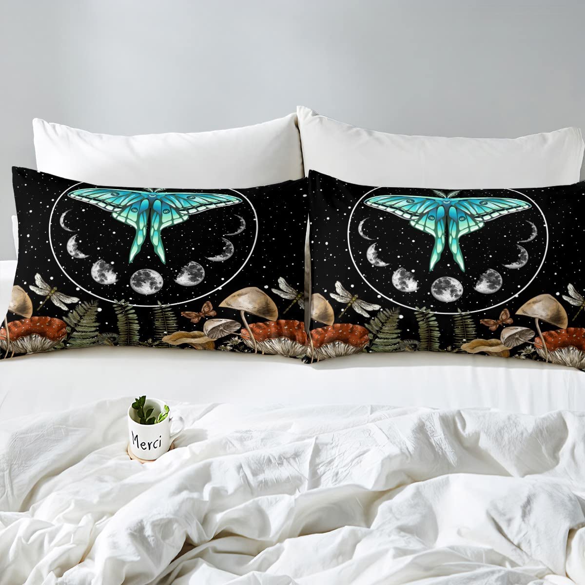 Erosebridal Blue Butterfly Sheet Set Queen,Dragonfly Moth Mushroom Bed Sheets Moon Phase Flat Sheet Starry Sky Fitted Sheet,Hippie Wild Fungus Sheets Boho Bohemian Style Home Room Decor Luxury,Black