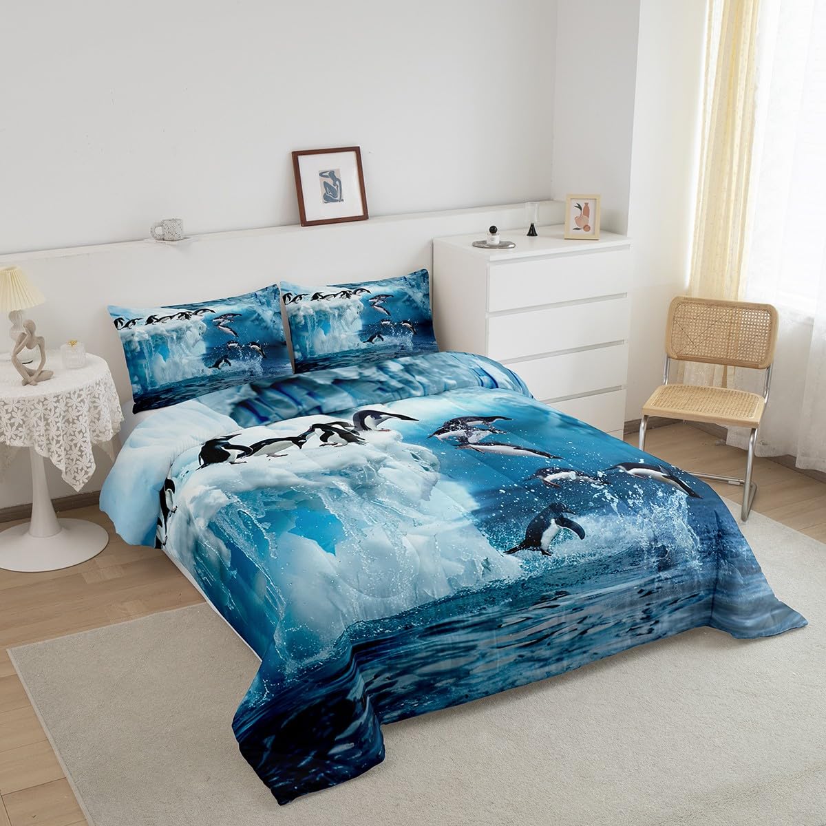 Feelyou Penguin Comforter Queen, 3 Pieces(1 Comforter, 2 Pillowcase), Cute Polar Animal Bedding Set for Boys, Girls, Kids, Teens, Adults