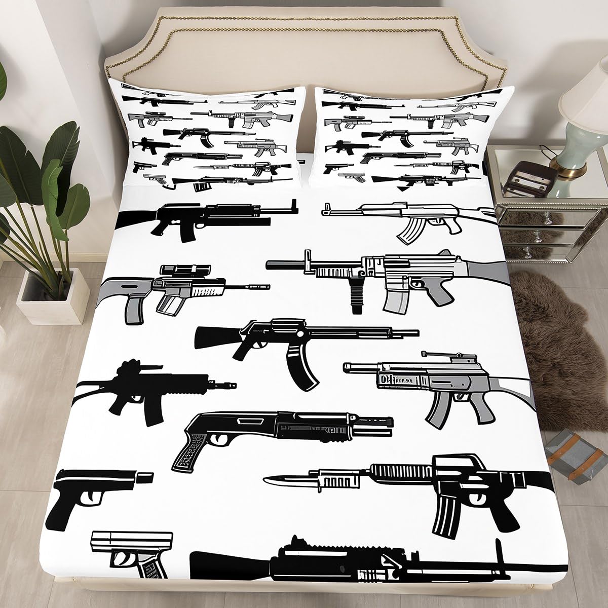 Feelyou Gun Bed Sheets Set Soft Deep Pocket Bedding Queen Size Includes 1 Fitted Sheet & 2 Pillowcases (No Flat Sheet)