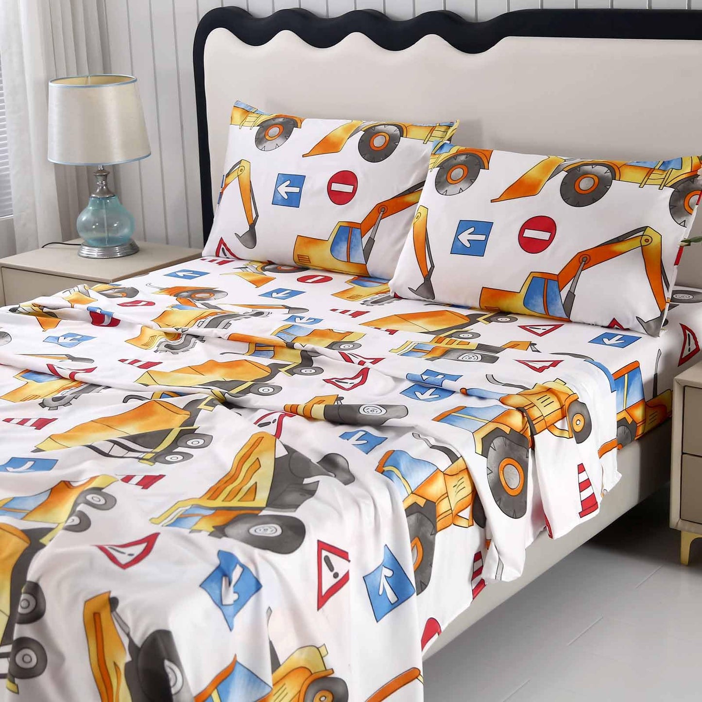 SDY 4 Pieces Construction Sheets Queen,Cozy Construction Sheets for Boys Girls Kids Cars Sheet Set Included 1 FittedSheet with 14'' Deep Pocket + 1 Top FlatSheet + 2 Pillowcases