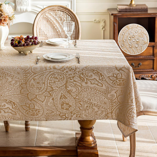Jaysydd Jacquard Rectangle Tablecloth, Waterproof Elegant Damask Curly Floral Pattern Table Cloth, Washable Decorative Table Cover for Kitchen/Dining/Parties - Champagne, 57 x 70Inch