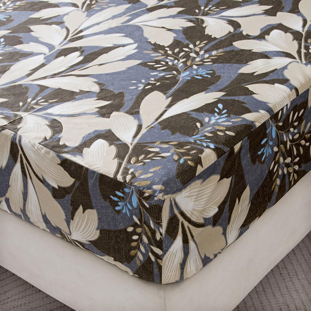 NATURETY Bedding Fitted Sheet with Deep Pocket,Leaf Designs Printed Thicken Fabric Bed Sheets (Gray Leafs, Queen)