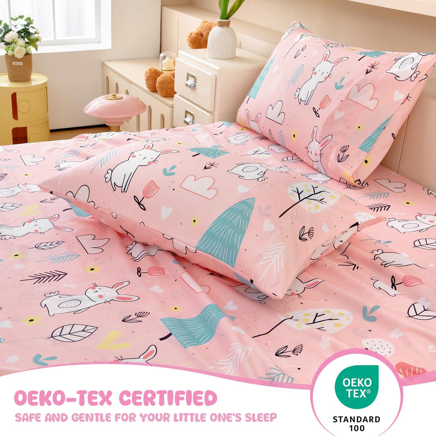 MICORAL Kids Twin Sheet Set Bunny, 3 Pieces Sheets for Boys & Girls, Soft Printed Microfiber Bed Sheets, Deep Pocket Cozy Toddler Bedding Set