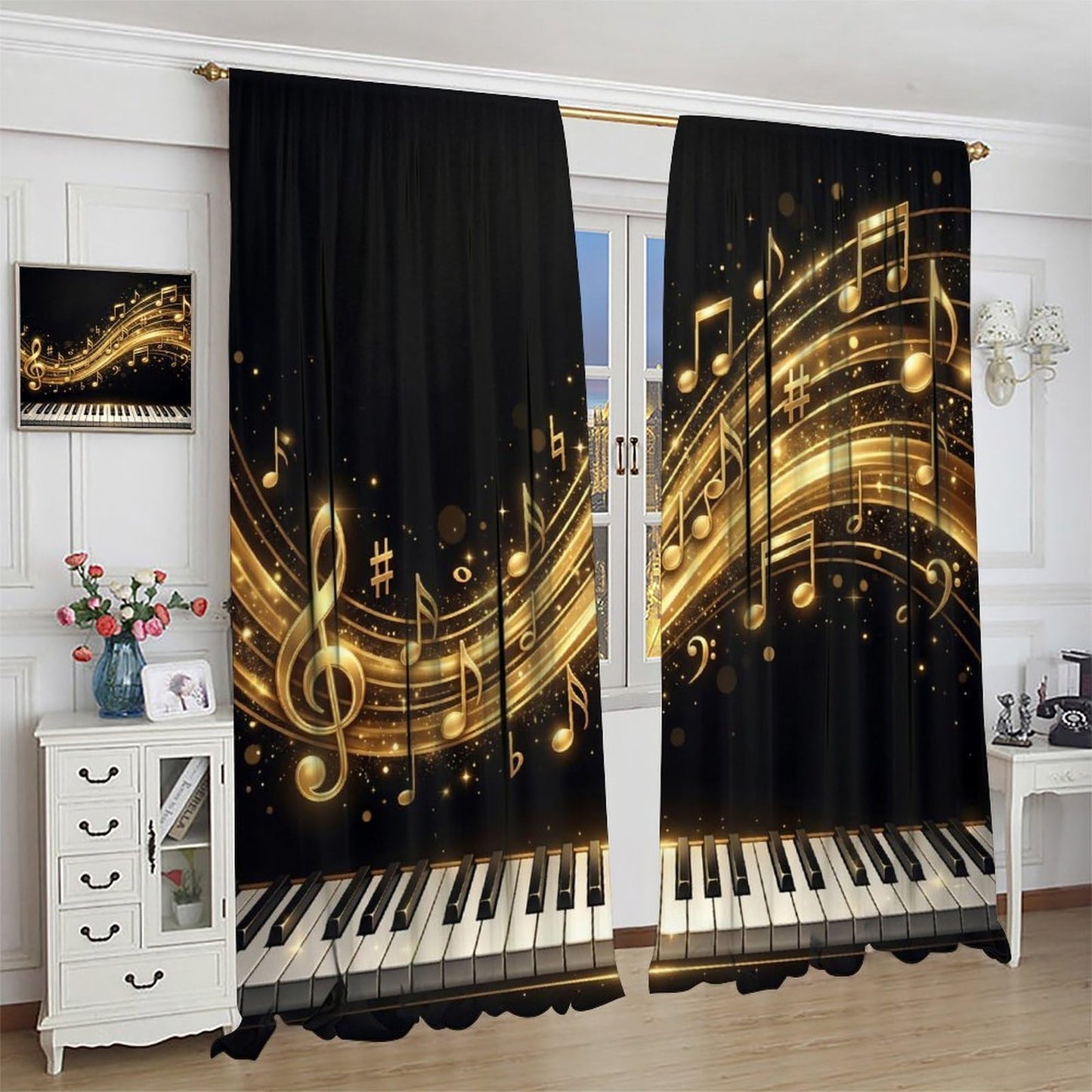 PHTAYOT Piano Key Music Curtains Black Golden Musical Notes Romantic Art Pattern Decor Window Drapes for Bedroom Living Room Home,2 Panels Set,42x45 Inch