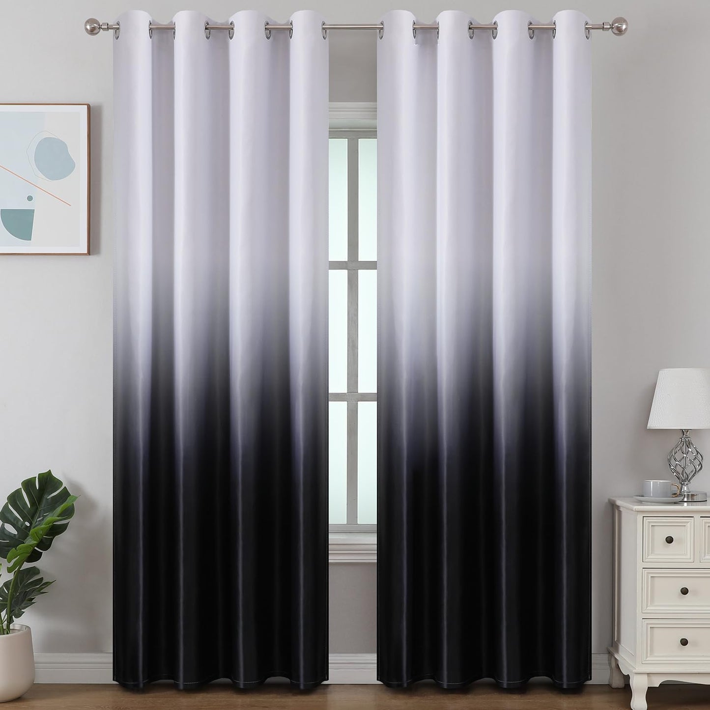 Estelar Textiler Black and Greyish White Blackout Curtains for Bedroom, Ombre Black out Curtains 84 Inch long for Living Room,Room Darkening Thermal Insulated Grommet Window Drapes,52x84 Inch,2 Panels