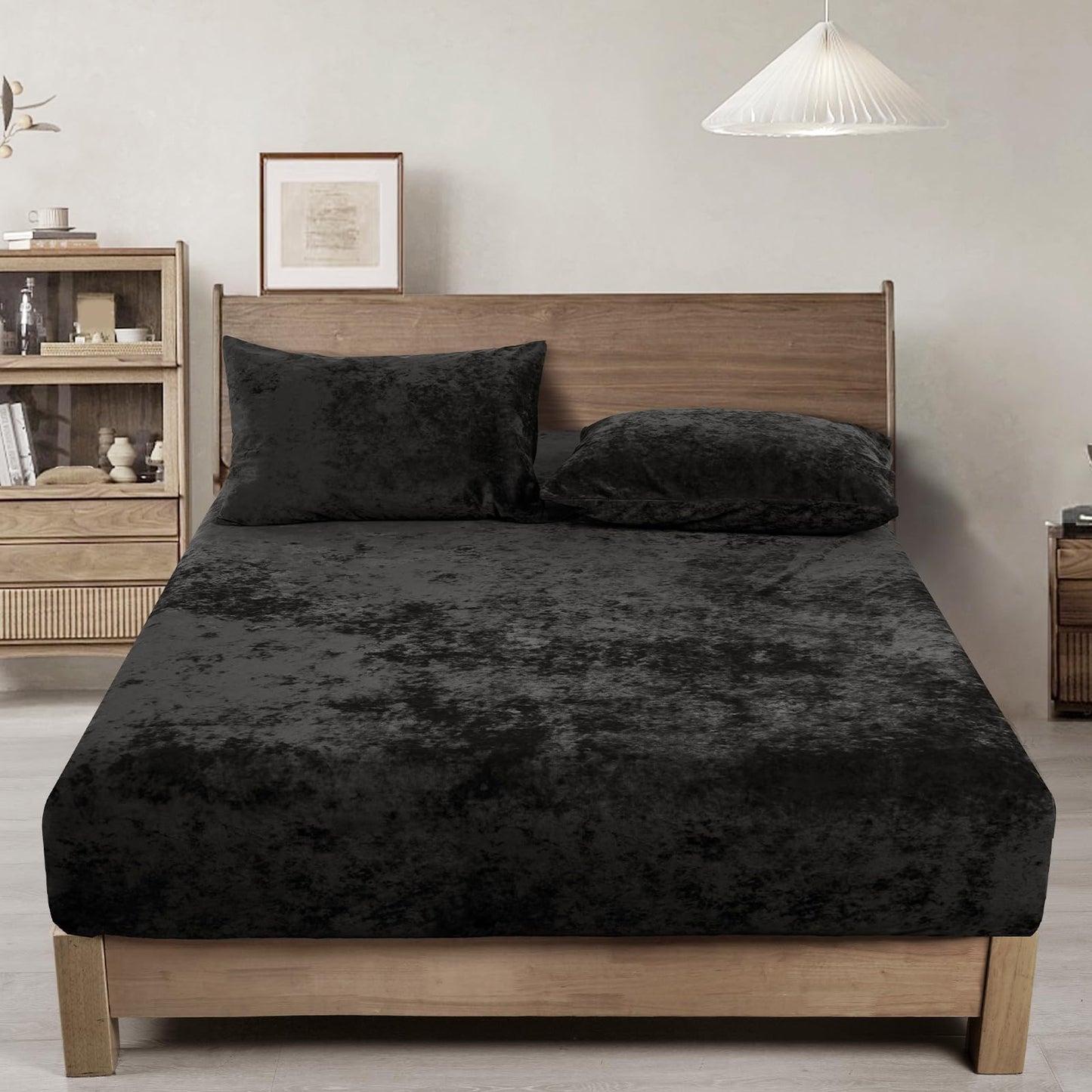 PHF Truly Velvet Fitted Sheet Only Full Size, Luxury Super Soft Cozy Fuzzy Fleece Bottom Sheet, Deep Pocket Up to 16",Strenghth Elastic Band, Suitable for Fall Winter Spring, No Pillowcases, Black