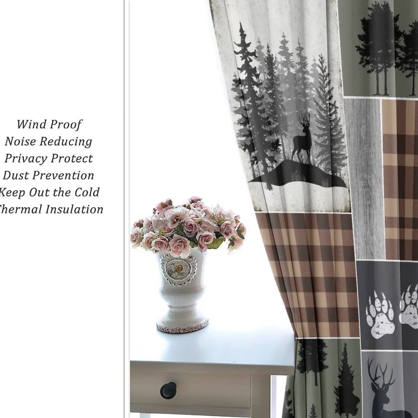 Retro Cabin Bear Deer Room Darkening Blackout Window Curtains with Grommets,Country Farmhouse Hunting Theme Wildlife Plaid Check Lodge Energy Efficient Window Treatment 2 Panels 45L x 21W