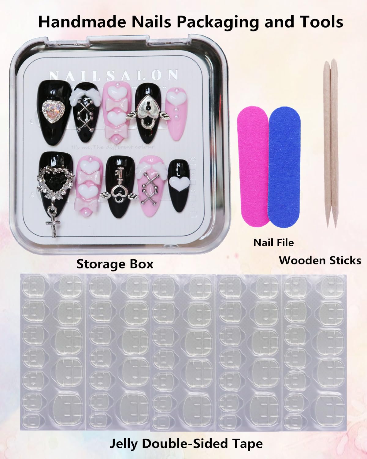 CAMILCY Luxury Handmade Press on Nails Pink Black Almond Short Gothic Heart Cross Charms Long Fake Nails Glossy Full Cover Reusable Acrylic Nail Tips for Women 10pcs (A080, M)