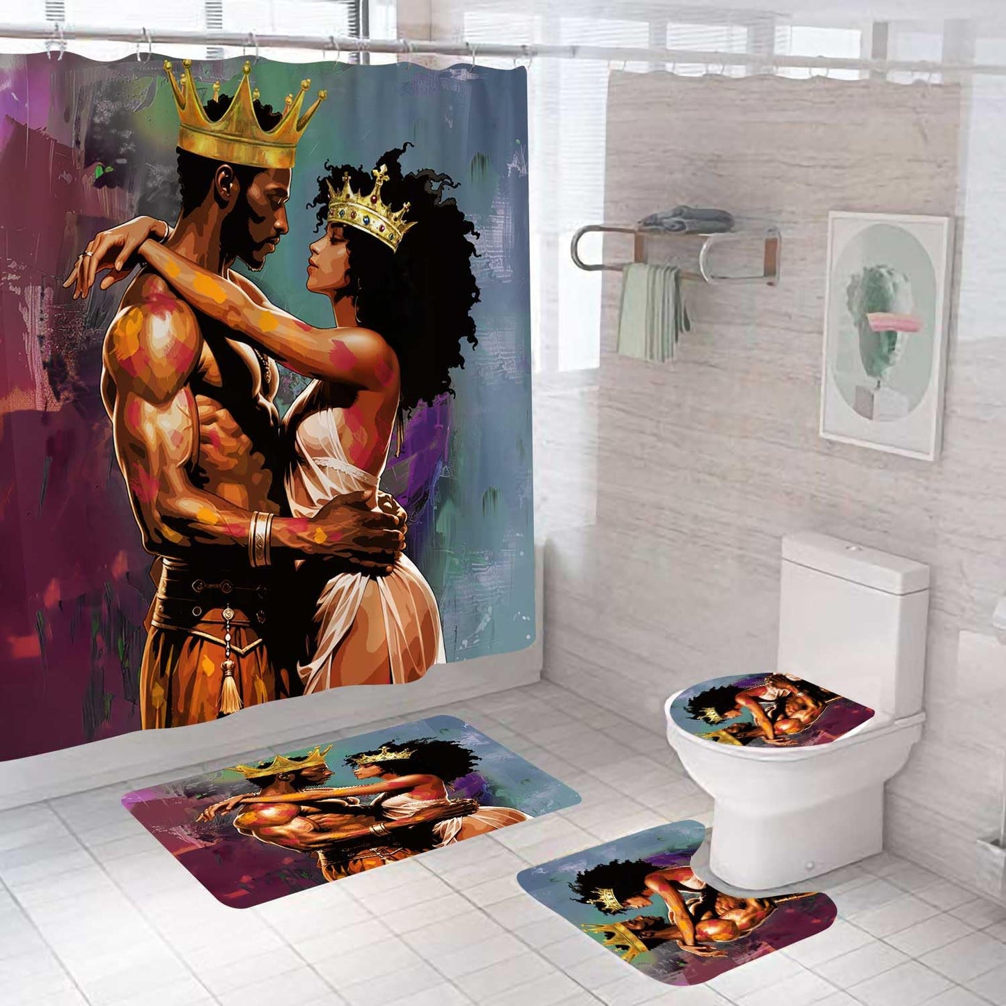 OLEBETY 4PCS African American Shower Curtain Sets with Rugs, Black King Queen Shower Curtain, Oil Painting Art Romantic Lovers Luxury Gold Crown Anniversary Black Women Men Afro Couple Bathroom Decor
