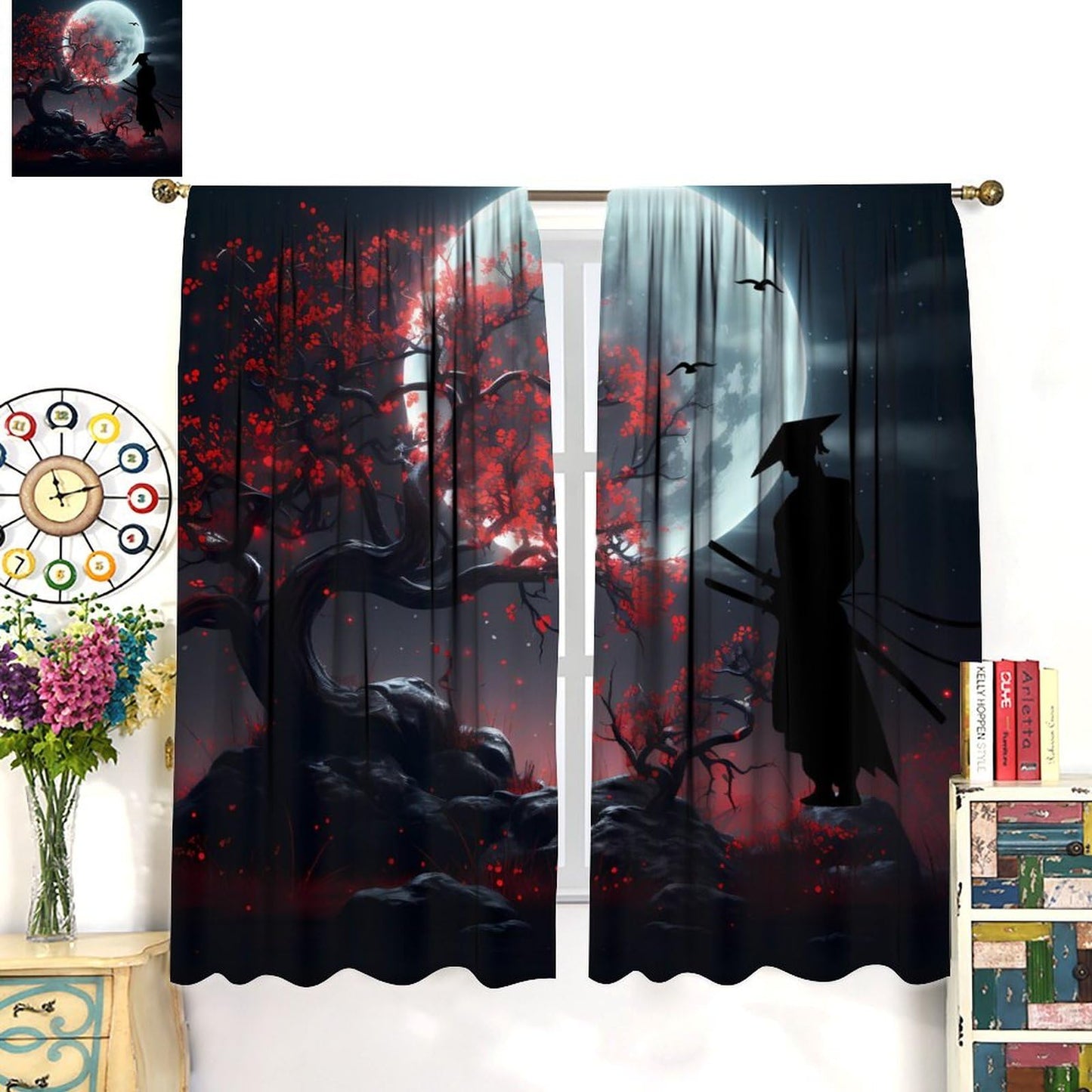 Llylumty Japanese Samurai Blackout Curtain Japanese Plum BlossomMoon Night Tree Modern Art Style Rod Pocket Window Drapes for Living Room Decor 21x45in,2 Panel Set