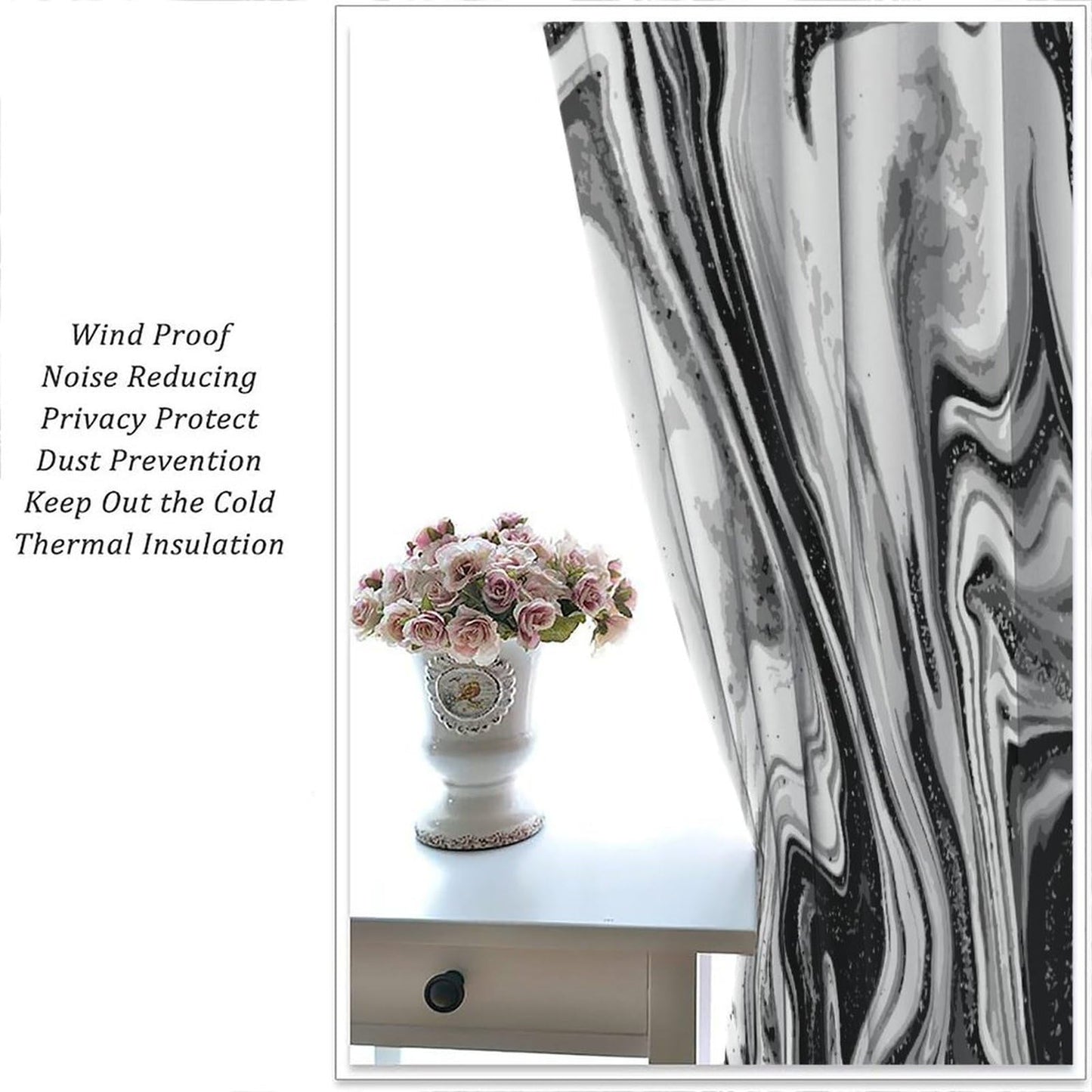 Kurtect Marble Blackout Curtain,Black and White Abstract Aesthetic Print Watercolor Window Curtains for Bedroom Cafe Dining Room Office Living Room Kitchen Drapes,42x45 in