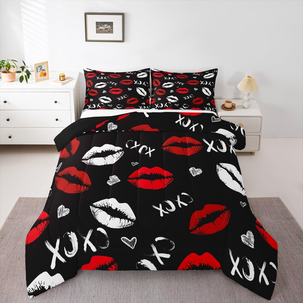 Feelyou Kiss Comforter Set Queen Size Soft Feminine Red Lips Bedding Set with Pillow Case Decor Girls Women Sexy Mouth Comforter for All Season Boys