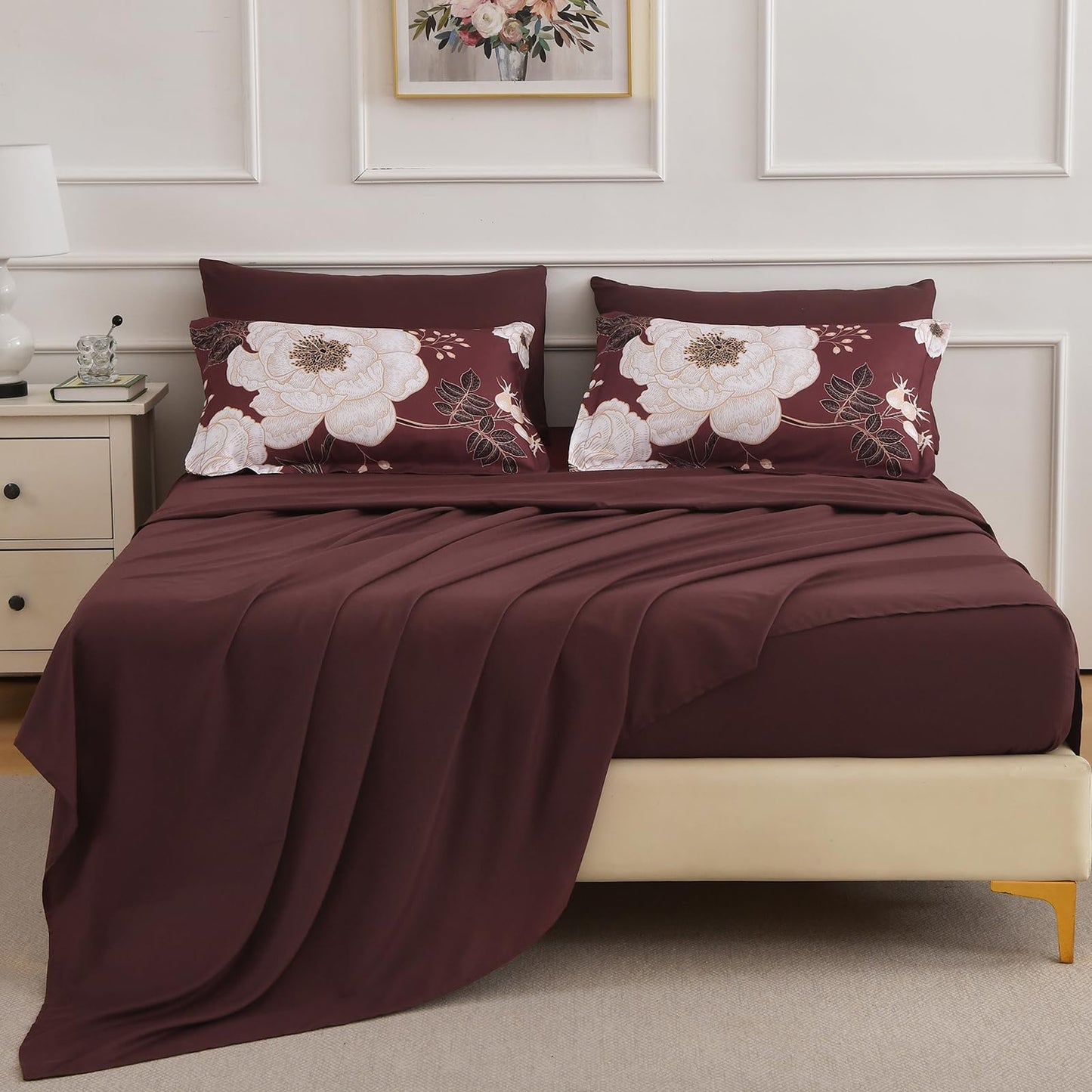 Luxudecor Burgundy Floral Queen Comforter Set 7 Pieces Bed in a Bag,Beige Flower Print on Burgundy Bedding Set,Soft Reversible Comforter with Sheets 90"x90"