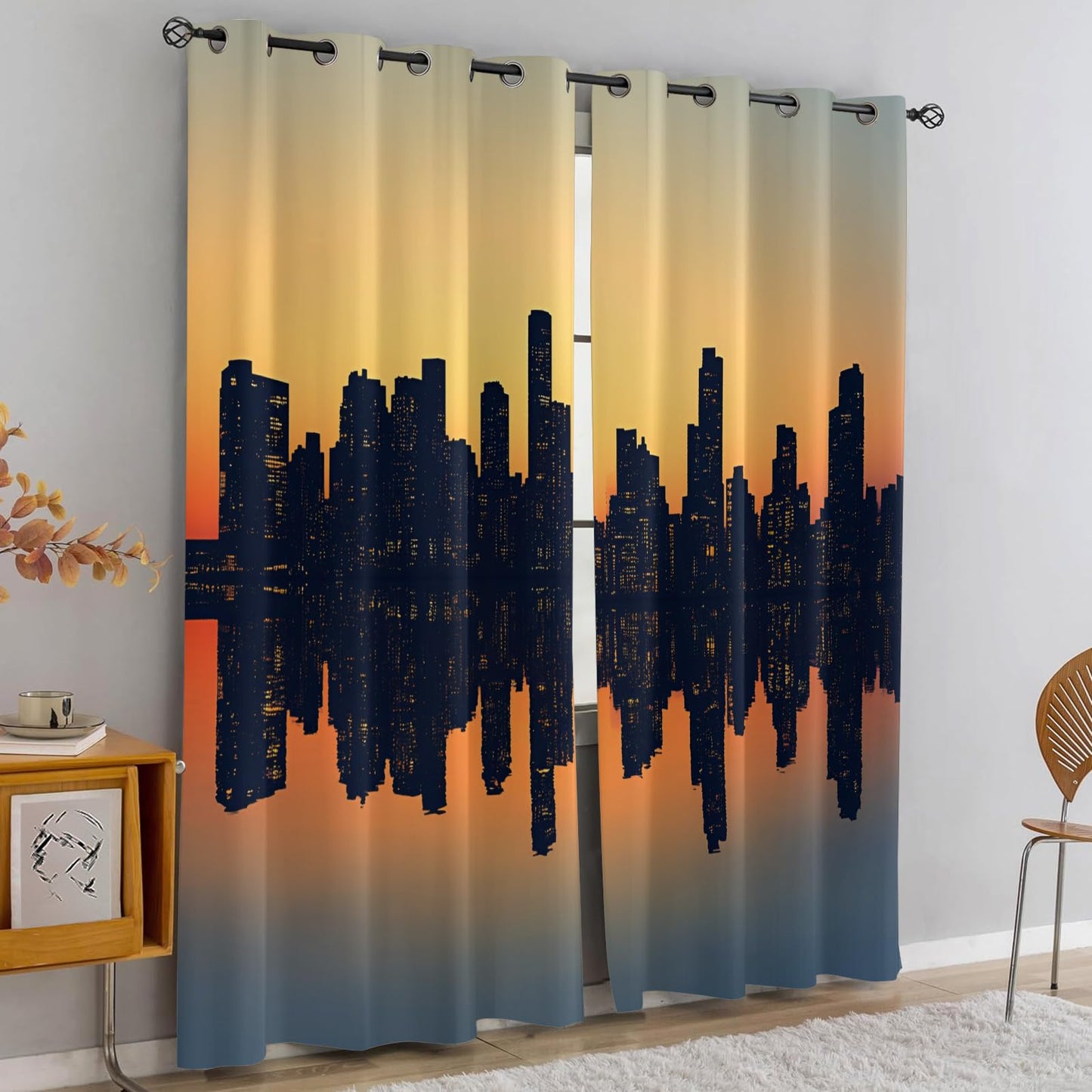 XAFIAUR City Skyline Blackout Curtains, Skyscraper Silhouettes Curtains for Living Room, Sunset Black Out Bedroom Curtain Thermal Insulated Grommet Drapes 2 Panels, for Boys Room 26" W x 63" L x2