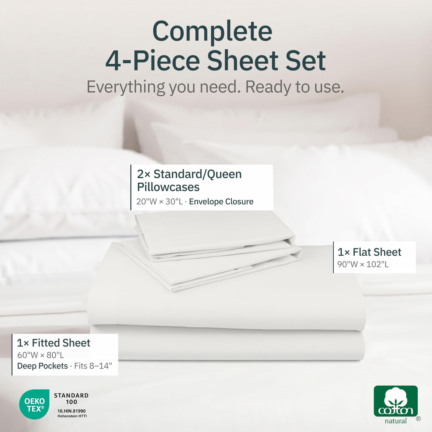 Super Soft 100% Cotton Queen Sheet Set - 4 Pcs - Durable Sheets, Deep Pockets, Easy Fit, Lightweight & Breathable, Suitable For Hot Sleepers & All Seasons, Minimal Wrinkles - Ivory