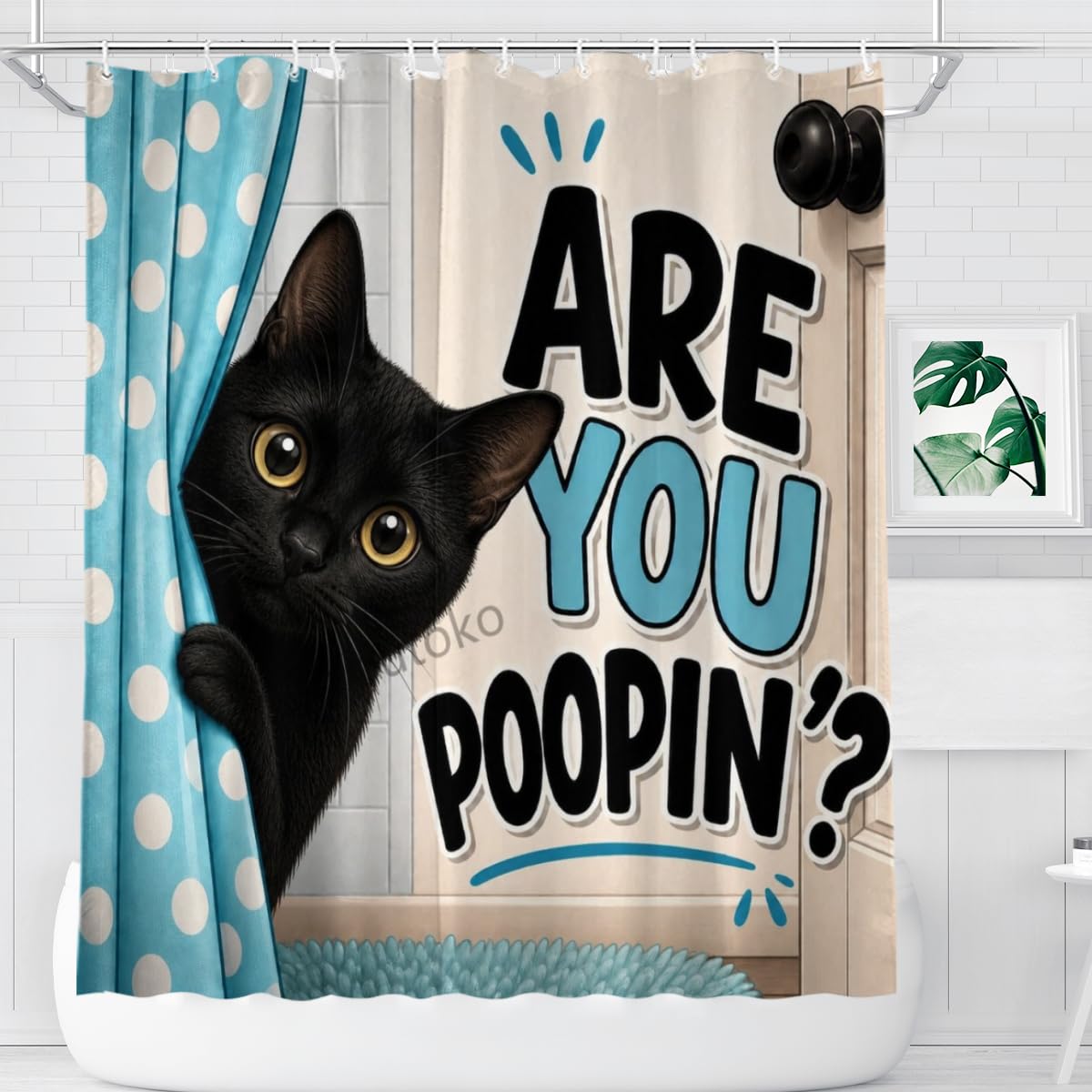 Youtoko Funny Black Cat Shower Curtain are You Poopin Humorous Pet Animal Themed 72x72 with 12 Hooks Waterproof Washable Polyester Bathroom Decor