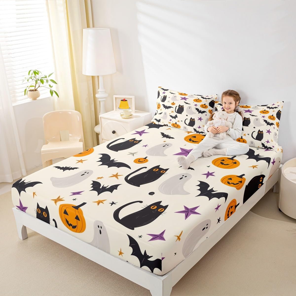 Feelyou Happy Halloween Bed Sheets Set Twin Size Cute Ghost Cat Bed Set Beige Black Orange Deep Pocket Fitted Sheet Pumpkin Lantern Bats Breathable Soft Lightweight Microfiber