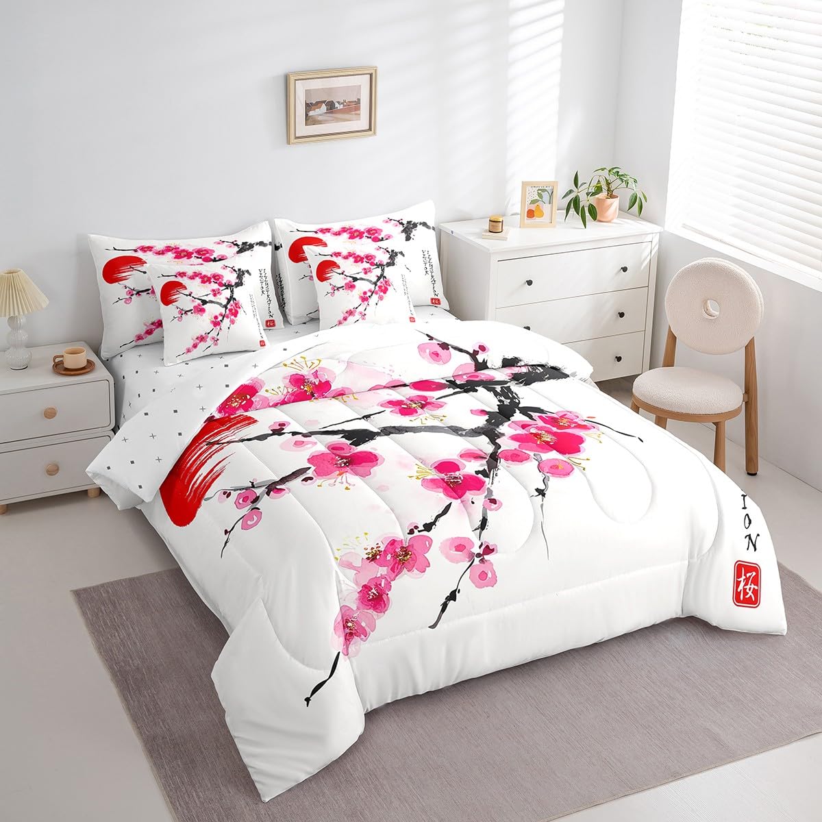 Erosebridal 7 Piece Japanese-Style Bed in a Bag Full for Adult Women Cherry Blossoms Sheet Set Ukiyo-E Theme Bedding with Comforter Girls Boys Teens Nature Flowers Cushion Covers