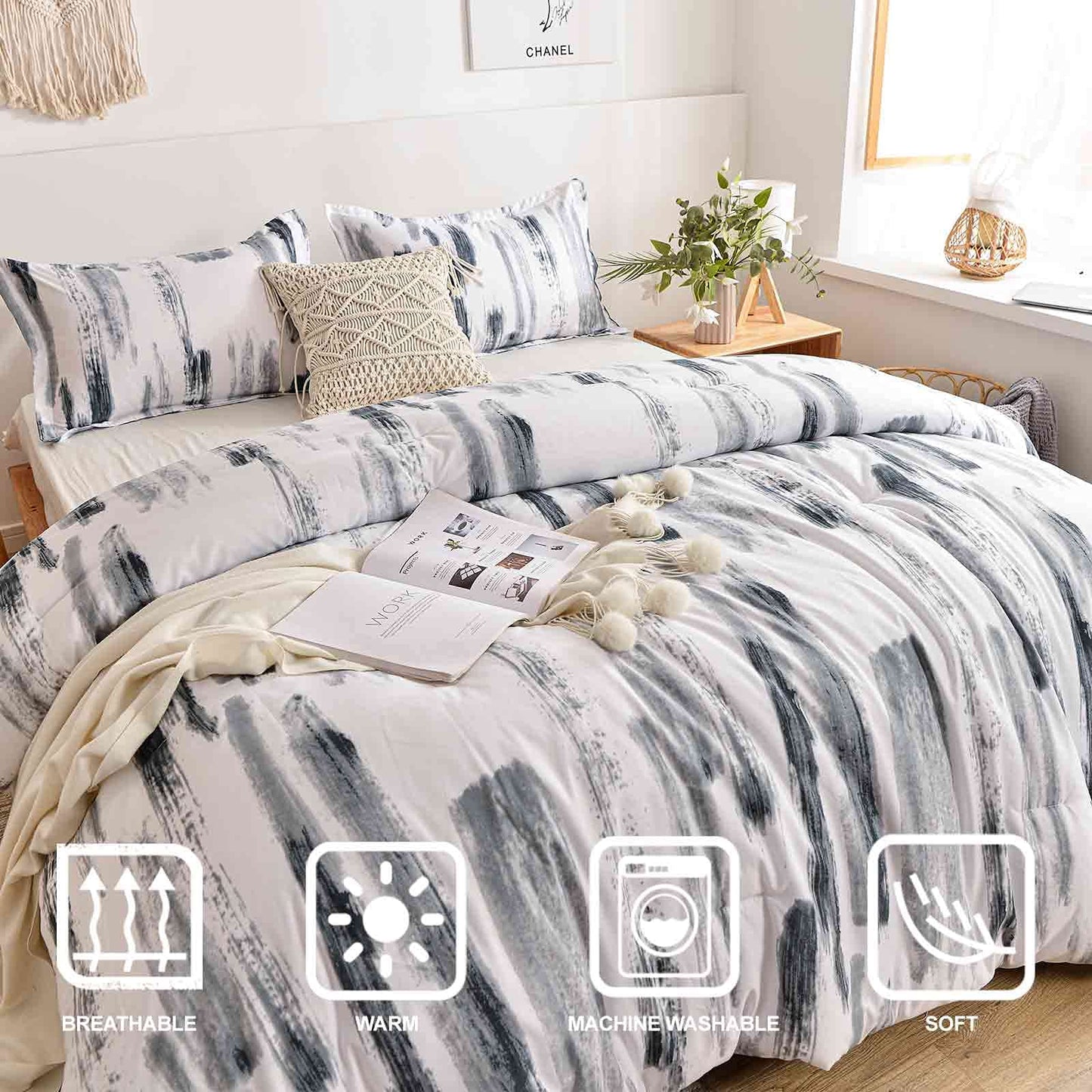Nanko Queen Comforter Set 3pc, Art Grey White Printed Pattern Reversible Down Alternative Microfiber Bedding - All Season Duvet and 2 Pillowcases Bed Sets Modern for Women Men, Size 88 x 90 Gray