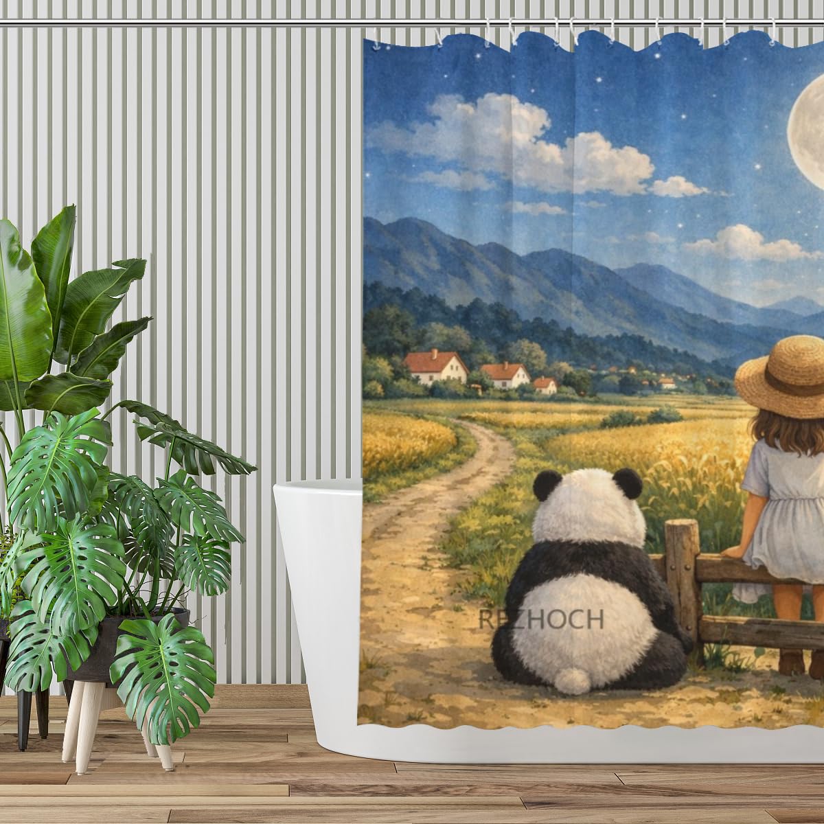 REZHOCH Moonlit Country Fun Panda Shower Curtain 72x72Inch,Cute Girl Animal Home Hotel Bathroom Decor,Farmhouse Rustic Nature Night Sky Full Moon Waterproof Fabric Bath Set