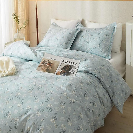 Garden Style Boho Floral Comforter Set Queen Size Fluffy Soft Botanical Blue Flowers Leaves Floral Bedding Comforter Set for Girls Women Vintage Flowers Comforter with 2 Pillowcases All Seasons