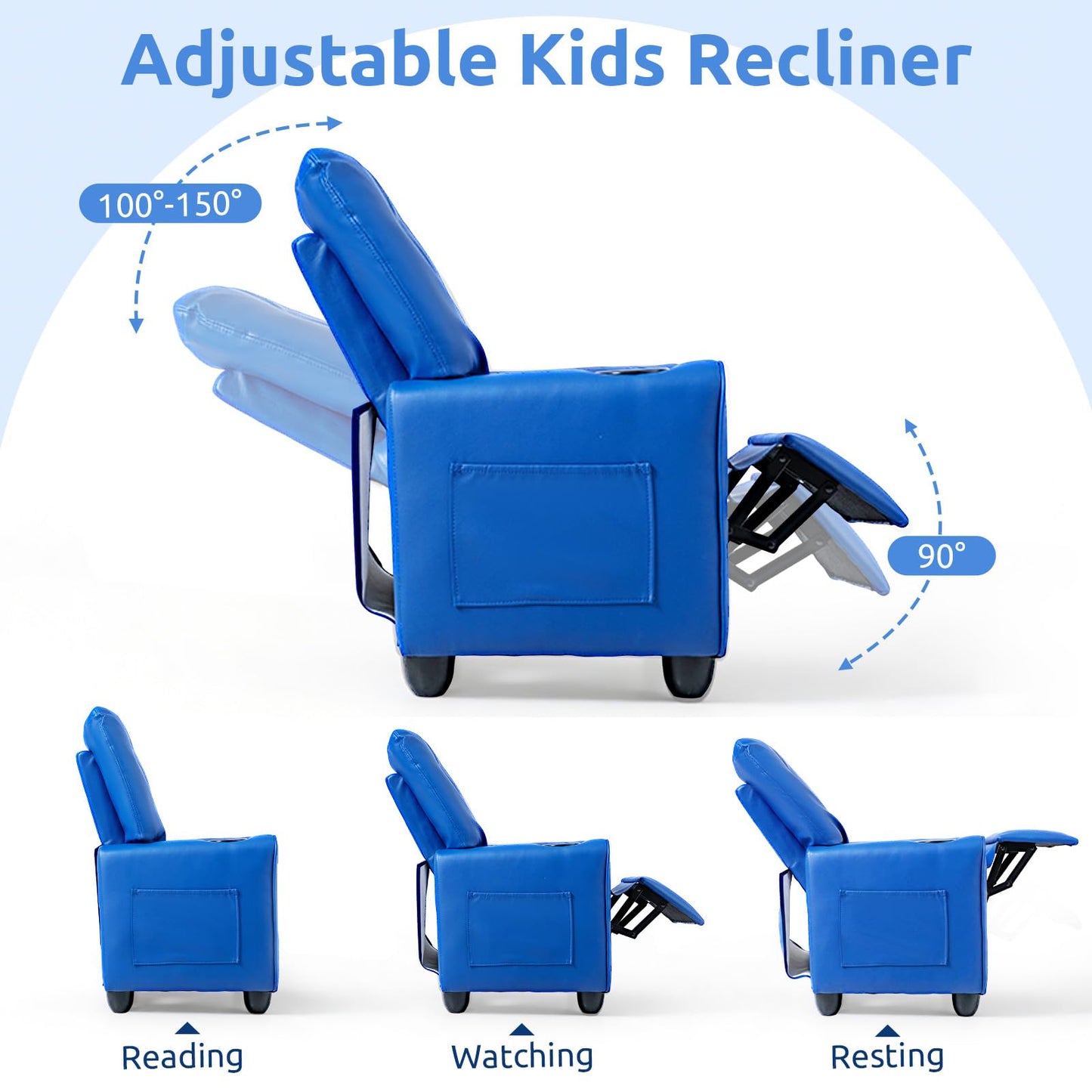 INFANS Kids Recliner, Toddler Lounge Chair with Adjustable Backrest Footrest Cup Holder Side Pockets, PU Leather Toddler Couch