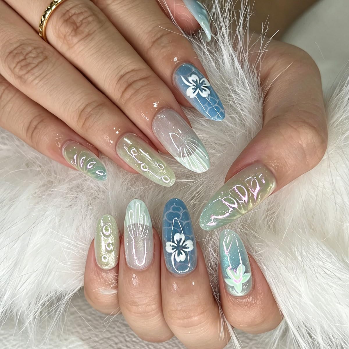 3D Press On Nails Almond Medium Light Blue Fake Nails with French Cat's Eye Embossed Flower&Lines Summer Designs, Acrylic Artificial Nail Press ons False Stick On Nails for Women Girls 30Pcs