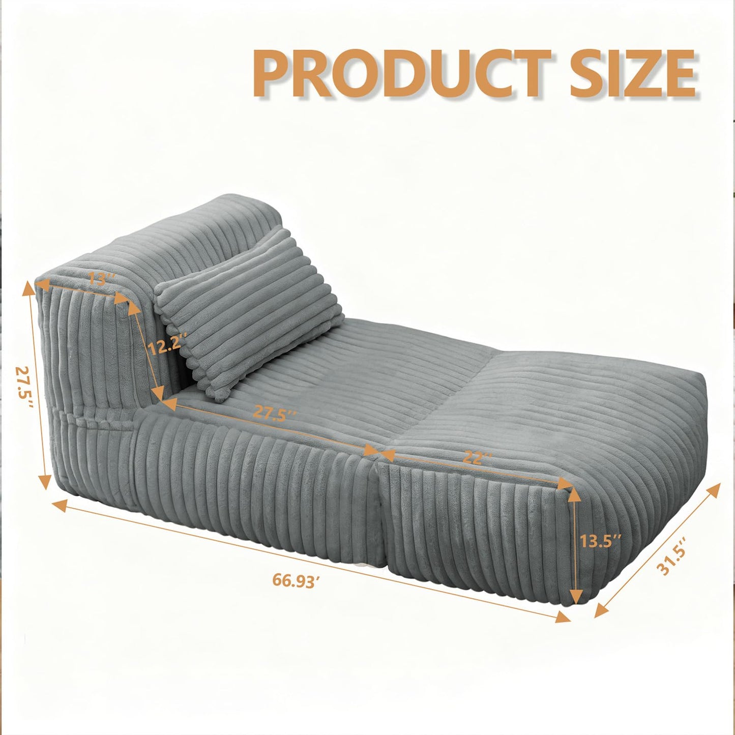 Big Bean Bag Lounger Sofa with Pillow, Large Bean Bag Chairs for Adults, Oversized Beanbag Sofa, Comfy Bean Bag Couch with Memory Foam Filled for Living Room, Bedroom, Gray