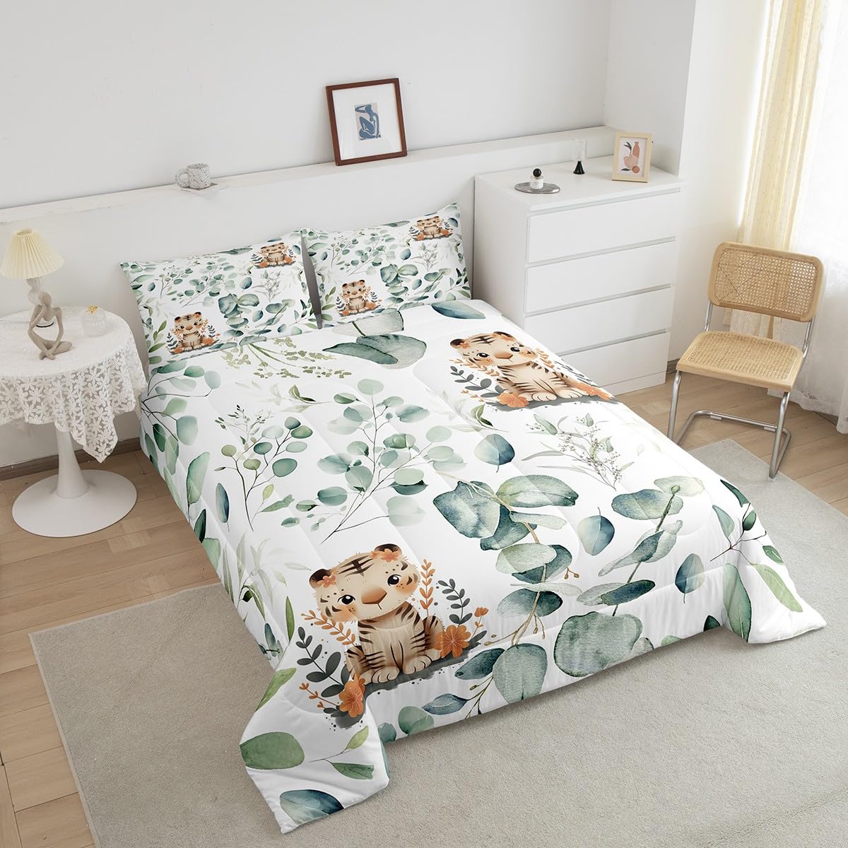 Erosebridal Kids Cute Animal Twin Comforter Set for Girls Boys Cartoon Tiger Bedding Set Twin, Spring Eucalyptus Bedding Comforter Sets Leaves Duvet Set, Kawaii Jungle Animal Quilted Comforter
