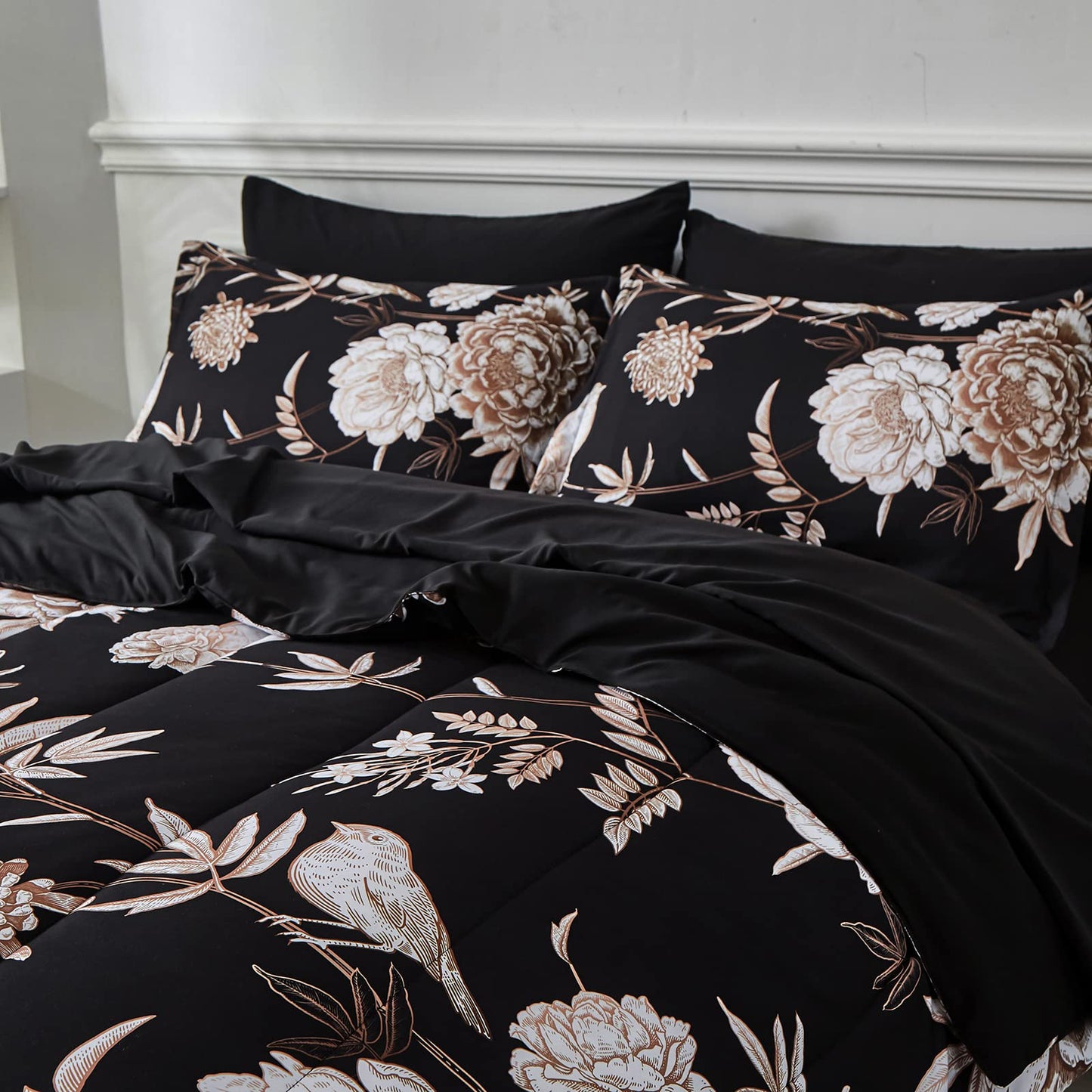 Yogeneg 7 Piece Bed in a Bag Kingsize Comforter Set Botanical Floral Bedding Set,Flower Leaf Brid Printed on Black Reversible Design,Soft Microfiber Comforter with Sheet Set,All Season(Black B,King)