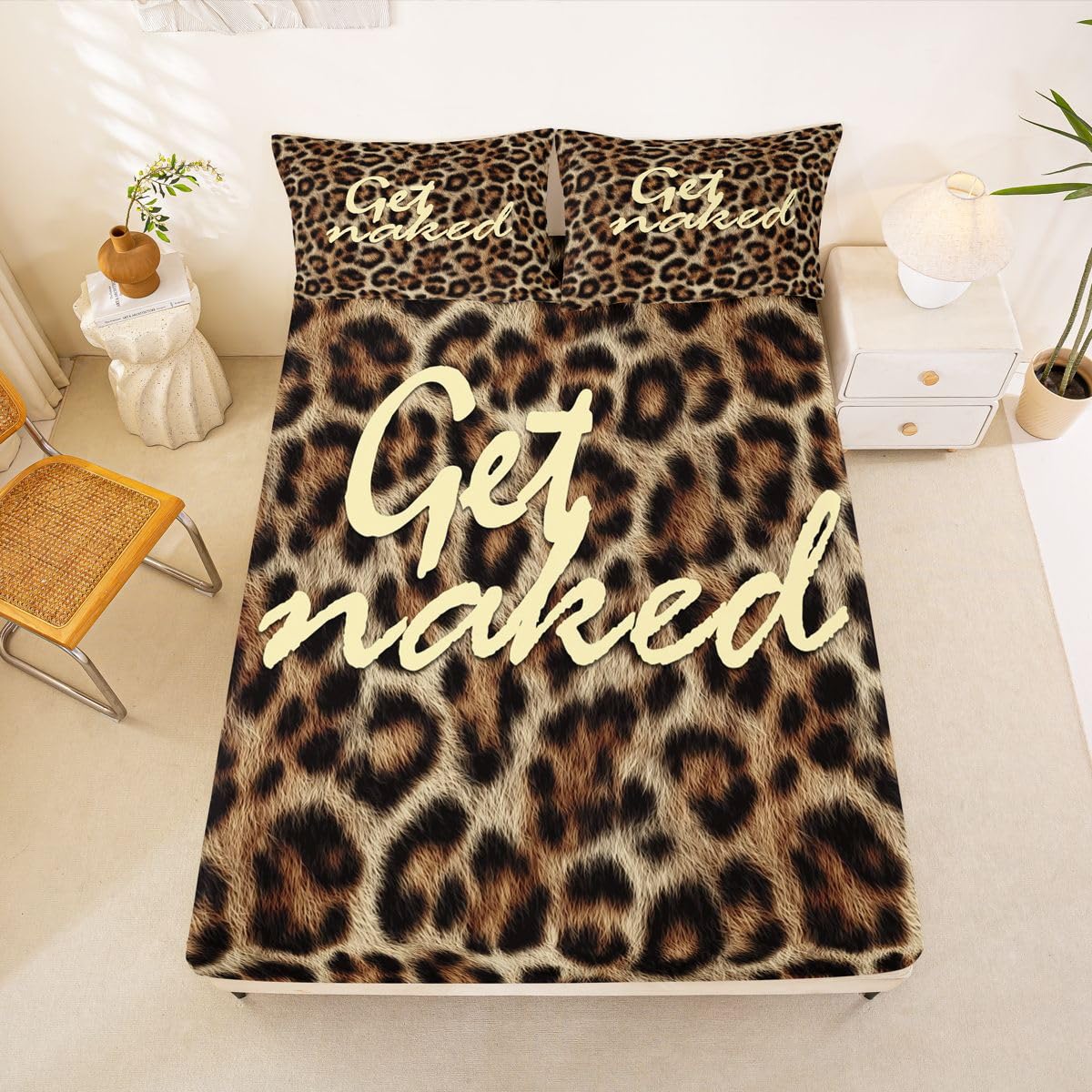 Feelyou Leopard Print Get Naked Fitted Sheet with 2 Pillowcases Full Size Funny Quotes Bed Sheets Set 16" Deep Pocket Boys Girls Brown Bedding Cheetah Teens Bedroom Decor Soft Lightweight Microfiber