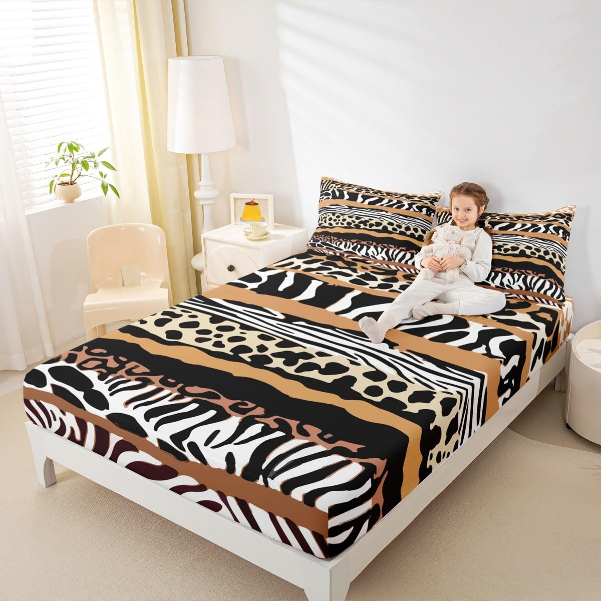 jejeloiu Leopard Fitted Sheet Twin Size for Kids Boys Girls Black Zebra Bed Sheets Set 16" Deep Pocket Soft Microfiber Cheetah Zebra Stripes Bedding with 1 Pillowcase Safari Fur Print Room Decor