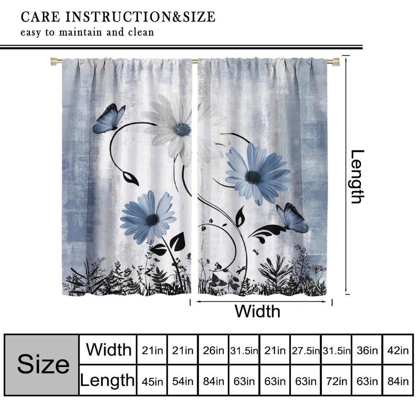 AAVEUP Blue White Daisy Curtains for Kitchen Farmhouse Modern Flower Retro Floral Spring Butterfly Rural Country Style Window Treatments Print for Girls Bedroom Living Room 42x45in（No Blackout）