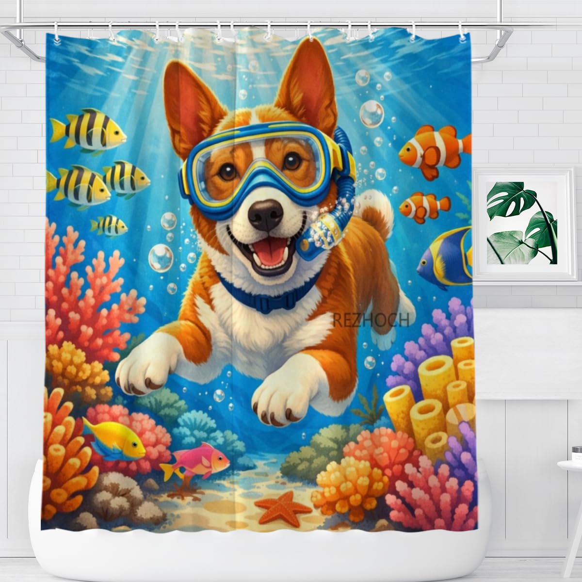 REZHOCH Kids Ocean Shower Curtain 72x72Inch Fun Basenji Snorkeling Underwater Tropical Fish Coral Reef Home Bathroom Decor,Boy Girl Cartoon Animal Coastal Bath Set with Hooks
