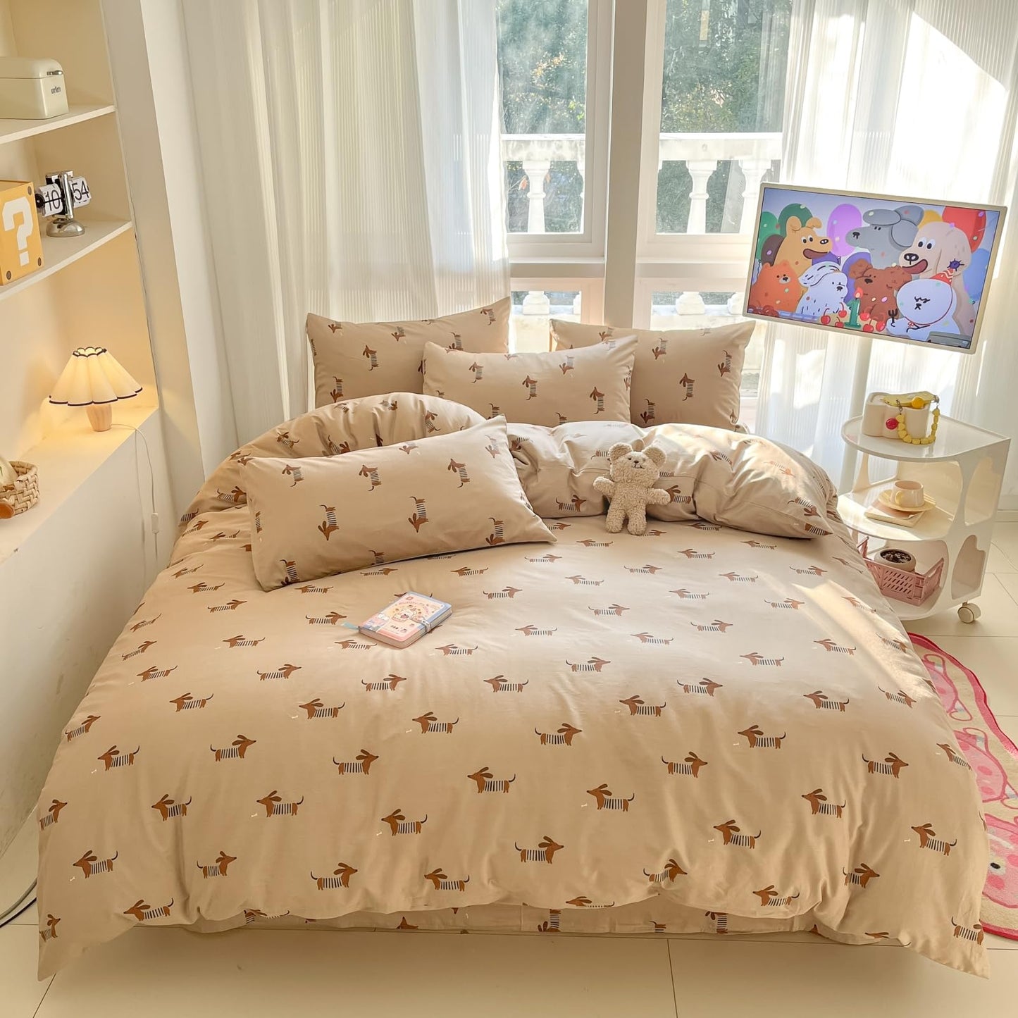 LIWHENHAO Dachshund Duvet Cover Set Twin 100% Cotton Bedding Cartoon Red Cute Dog Puppy on Brown 1 Kawaii Animal Pet Comforter Cover Zipper Closure 2 Pillowcases for Kids Girls Boys