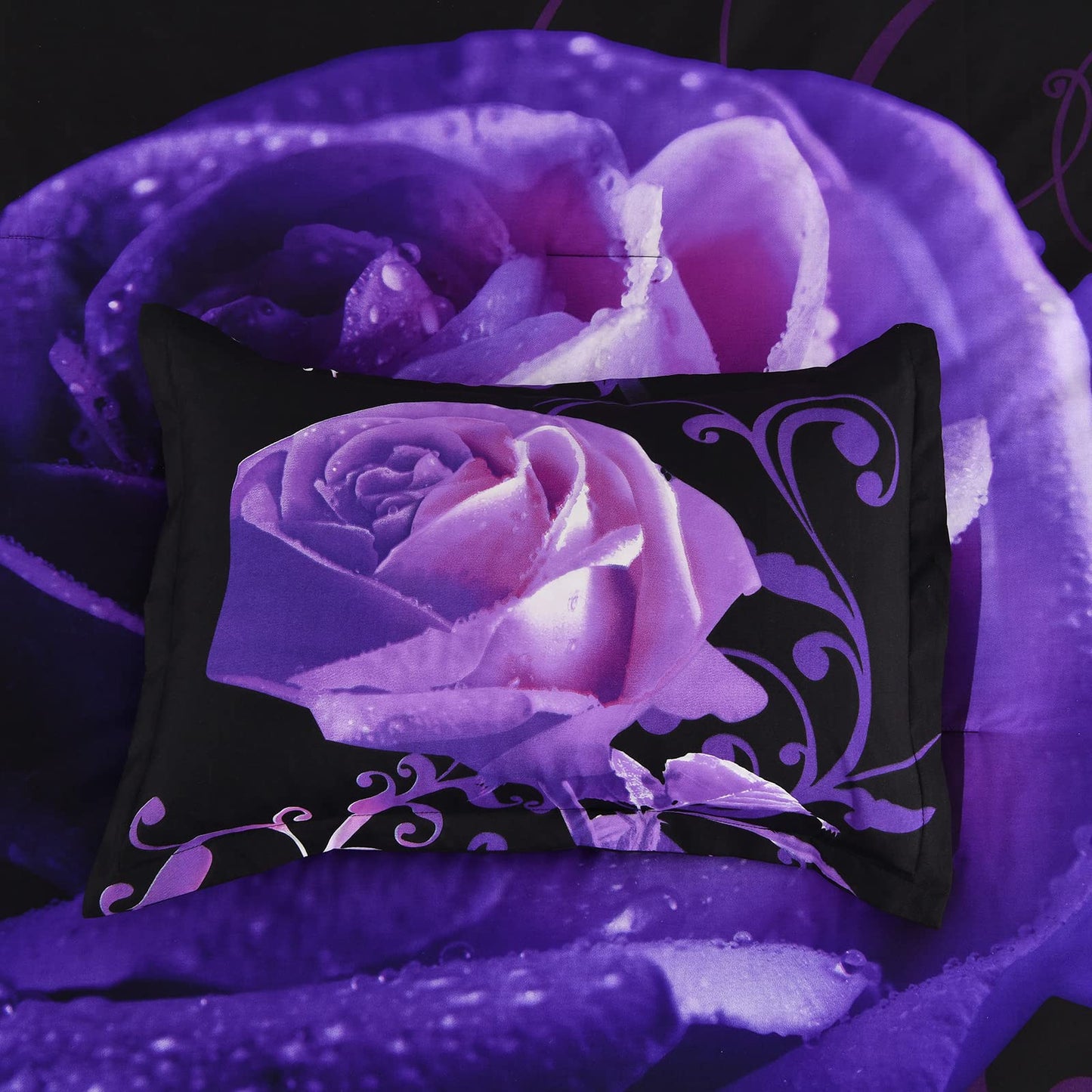 Xruibed Floral Comforter Set King 7 Piece Bed in a Bag Purple Rose Flower Comforter with Sheet Set Soft Micorfiber Bedding Set (1 Comforter,2 Pillow Shams,1 Flat Sheet,1 Fitted Sheet,2 Pillowcases)