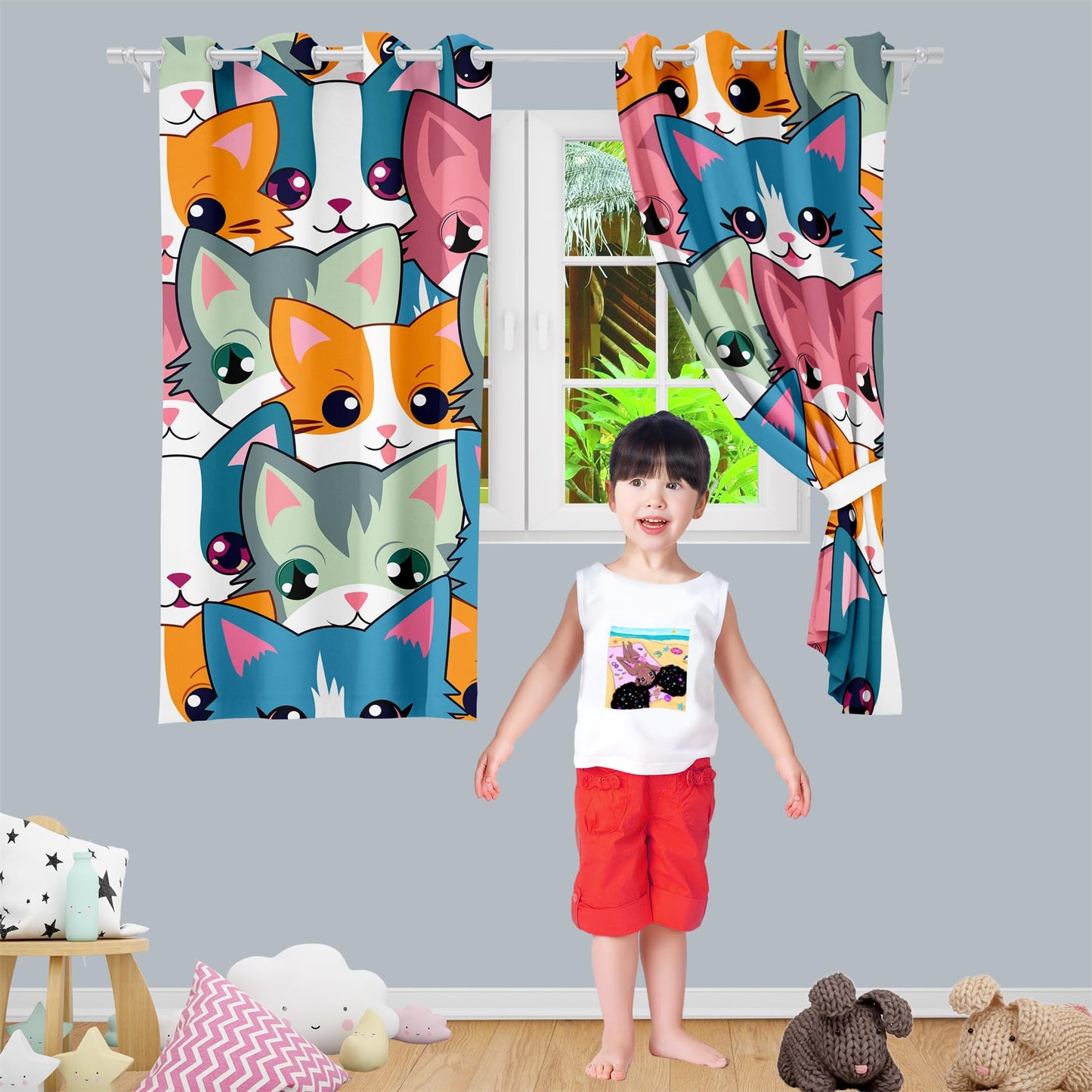 Kossmjx Cat Blackout Curtains for Girls - 2Pcs Cute Cartoon Cat Patterns Curtain Panels for Girls Bedroom Lovely Cats Drapes Darkening Window Curtain for Living Room Bedroom, 82" x 63"