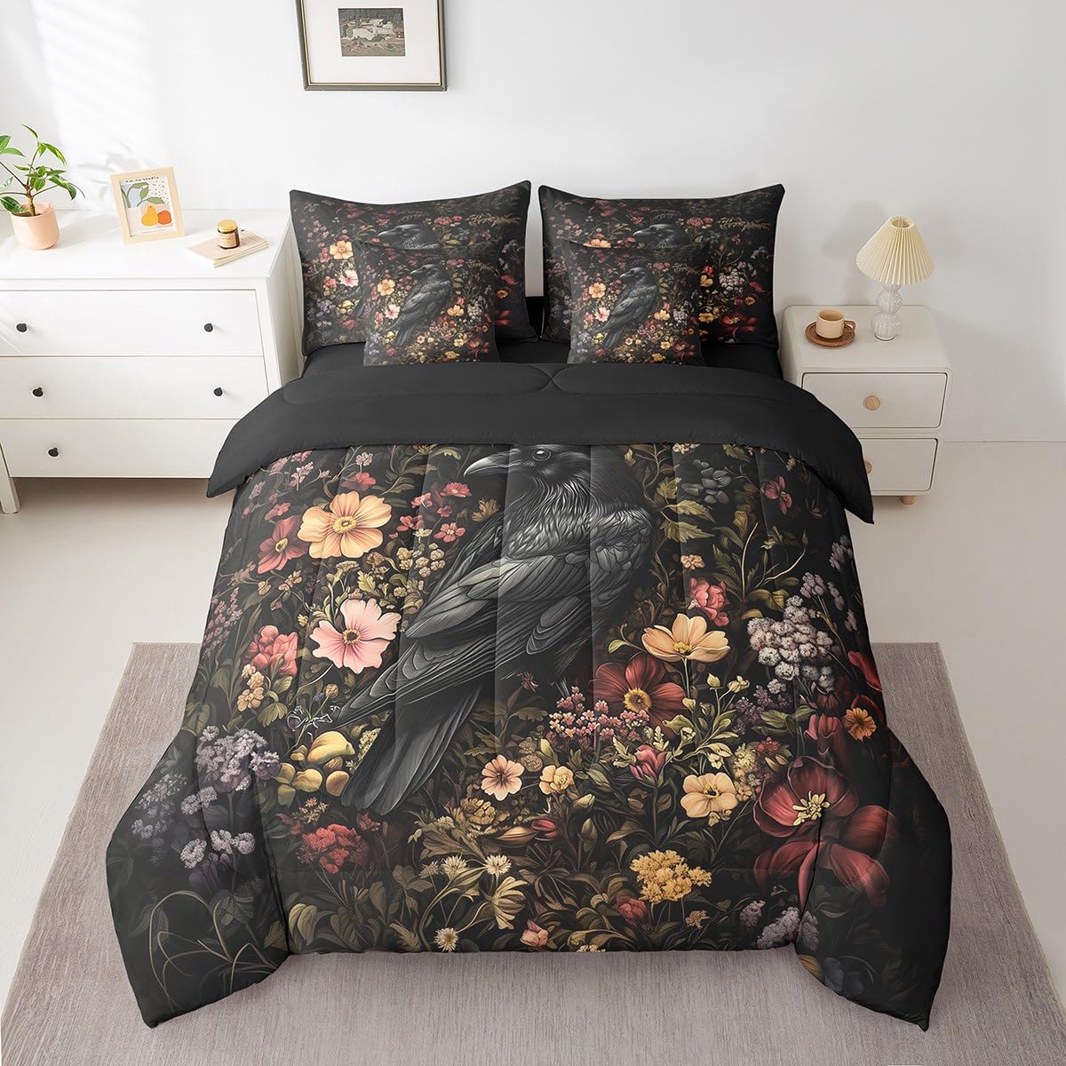 Erosebridal Crow Comforter Set King Size,Gothic Themed Animal Bedding Set for Kids Teens,Groovy Flower (Comforter+Fitted+Flat Sheet+2 Pillowcases+2 Throw Pillow Covers) 7 Pieces Bed Set