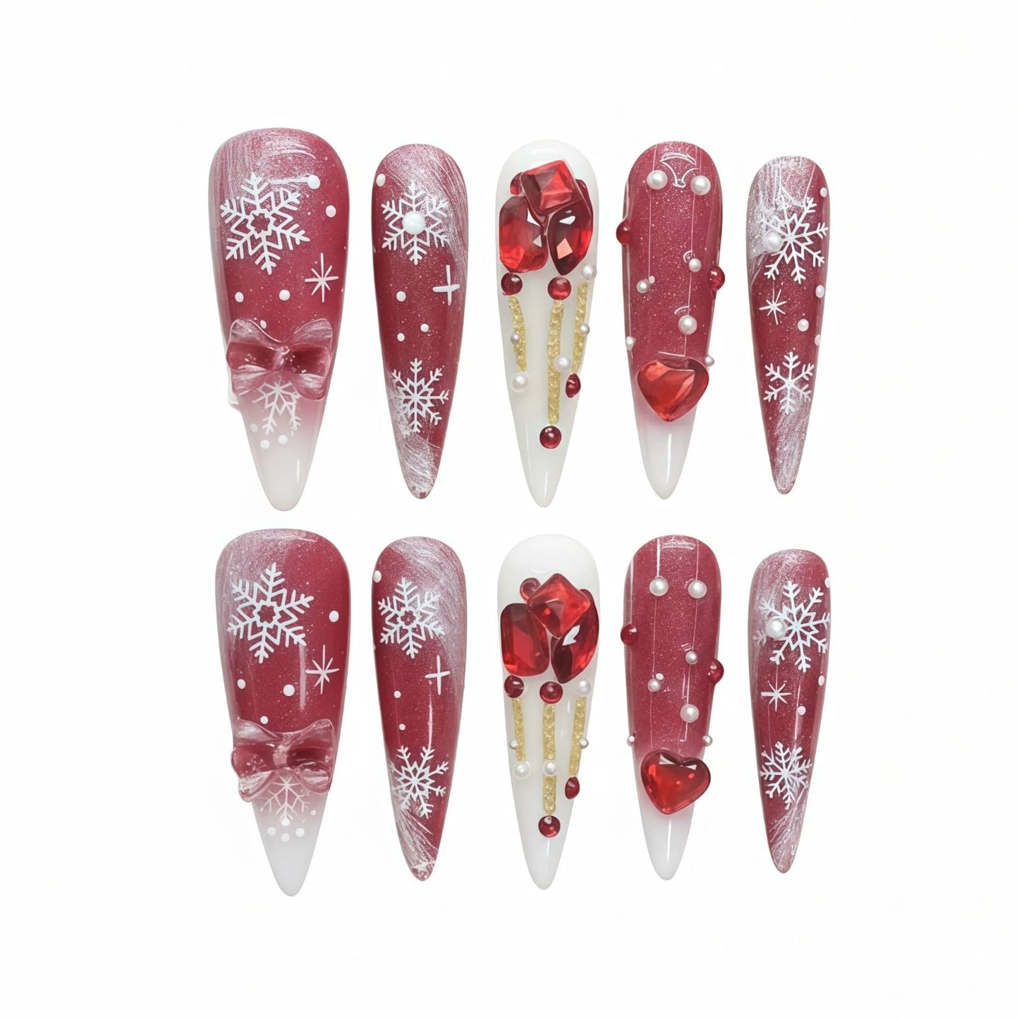 Tesytto Red Press on Nails Long Stiletto 3D Heart Design with Gems & White Stripe Snowflake Handmade Fake Nails Glossy Acrylic Full Cover Stick On Nails for Women Girls (Snow Falls,M)