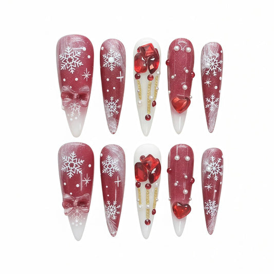 Tesytto Red Press on Nails Long Stiletto 3D Heart Design with Gems & White Stripe Snowflake Handmade Fake Nails Glossy Acrylic Full Cover Stick On Nails for Women Girls (Snow Falls,M)