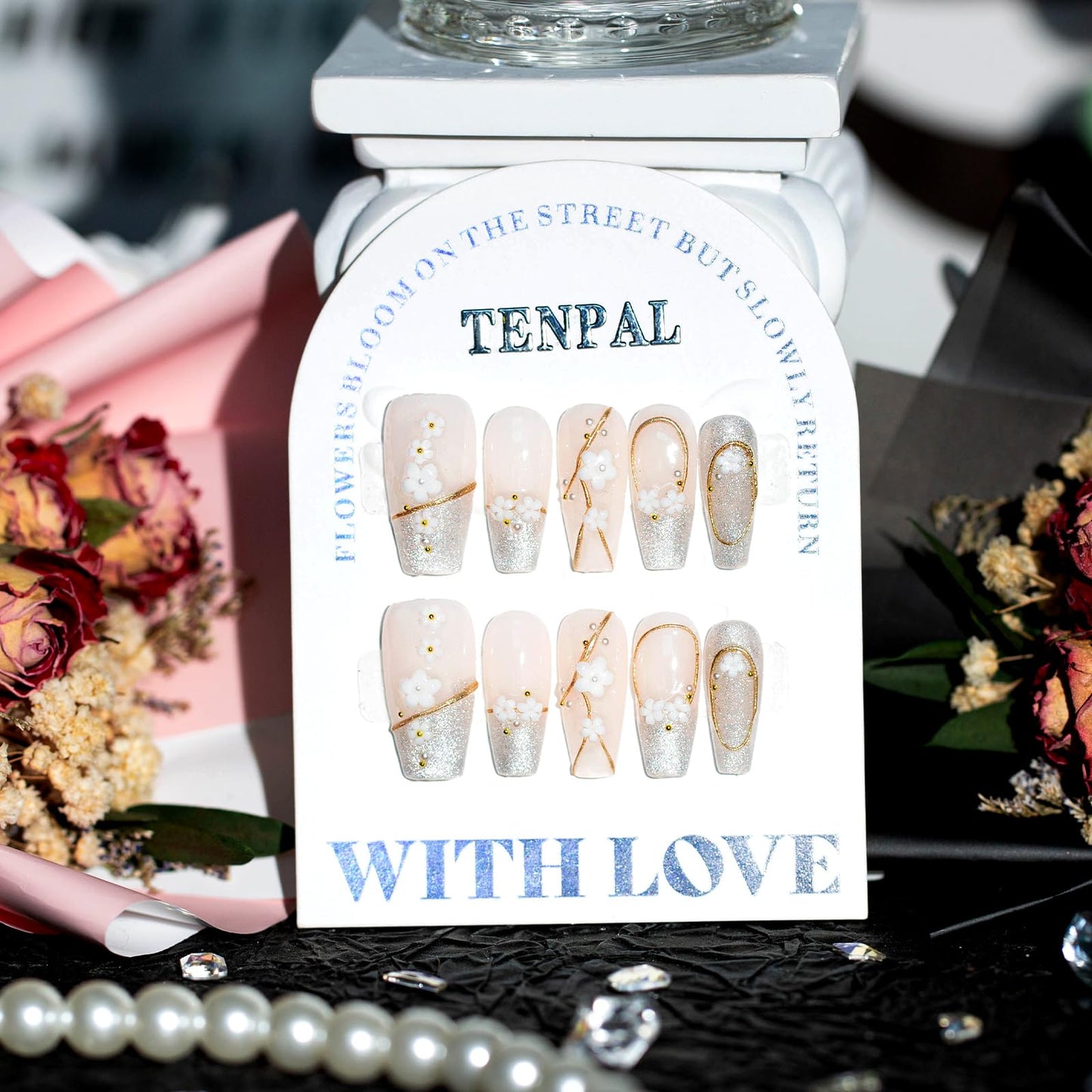 TENPAL 10PCS Soft Gel Press on Nails with Tools Kit,French Cat Eye Cherry Blossom 3D Gold Edge Fake Nails,Hand-Painted Sparkling Floral Design Glue on Nails,K-Style Medium Long Coffin False Nails(XS)