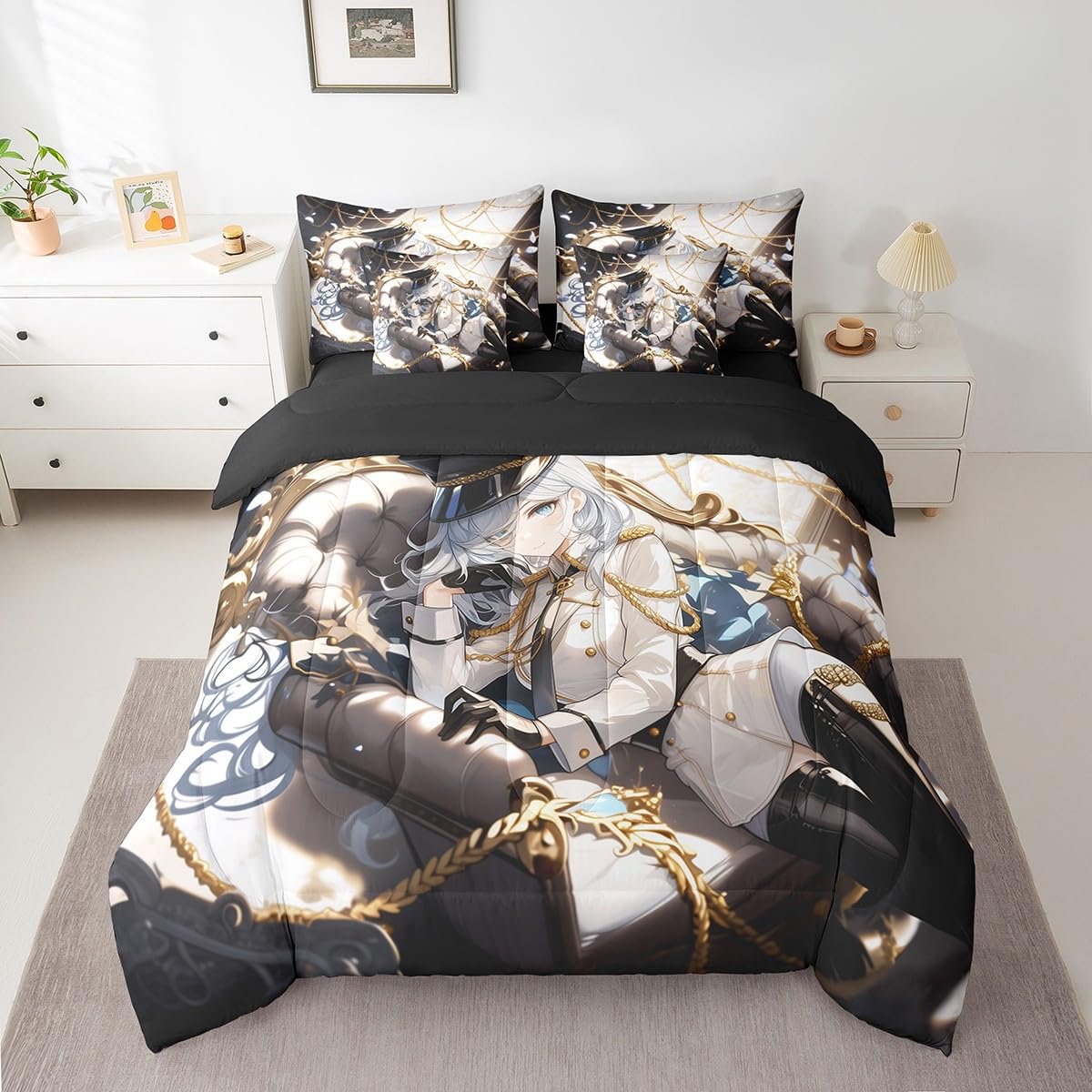 Erosebridal Anime Girl Queen 7 Piece Bedding Set for Kids, Kawaii Japanese Anime Bed in A Bag Cartoon Girl Comforter Set with Sheets for Girls Boys Teens Men Room, Japanese Animation Bed Sets